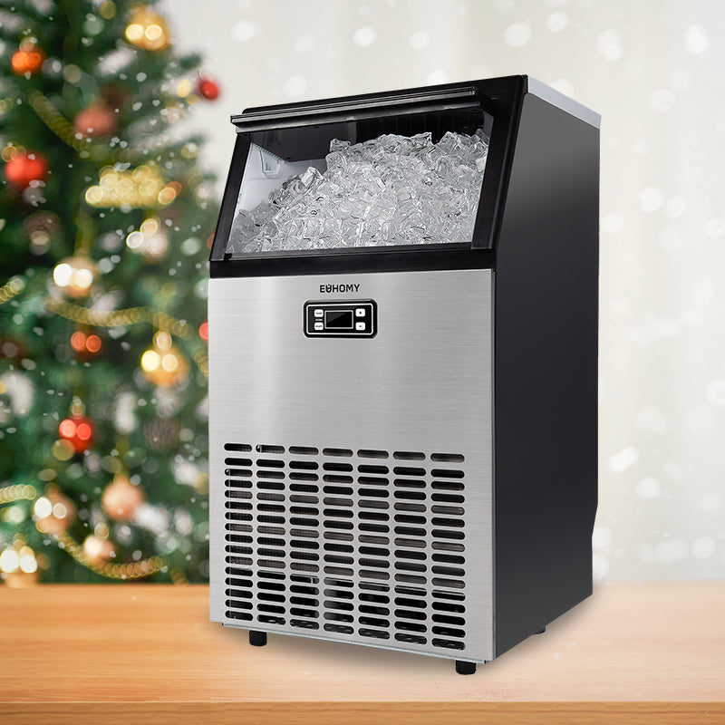 EUHOMY stainless steel undercounter commercial ice machine with transparent lid, full ice storage, digital display.