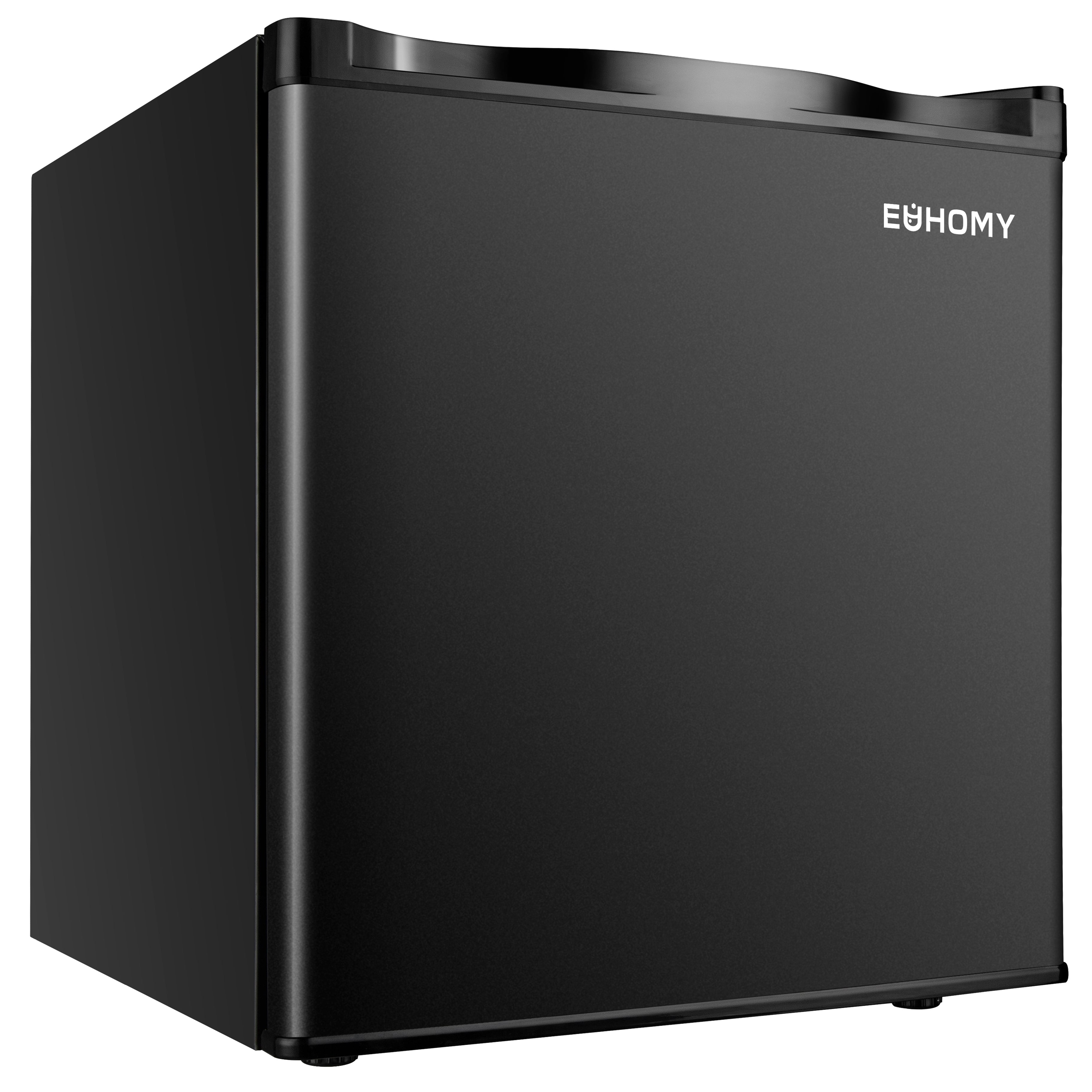 EUHOMY compact upright freezer in matte black with 3D refrigeration technology, showcasing product appearance.