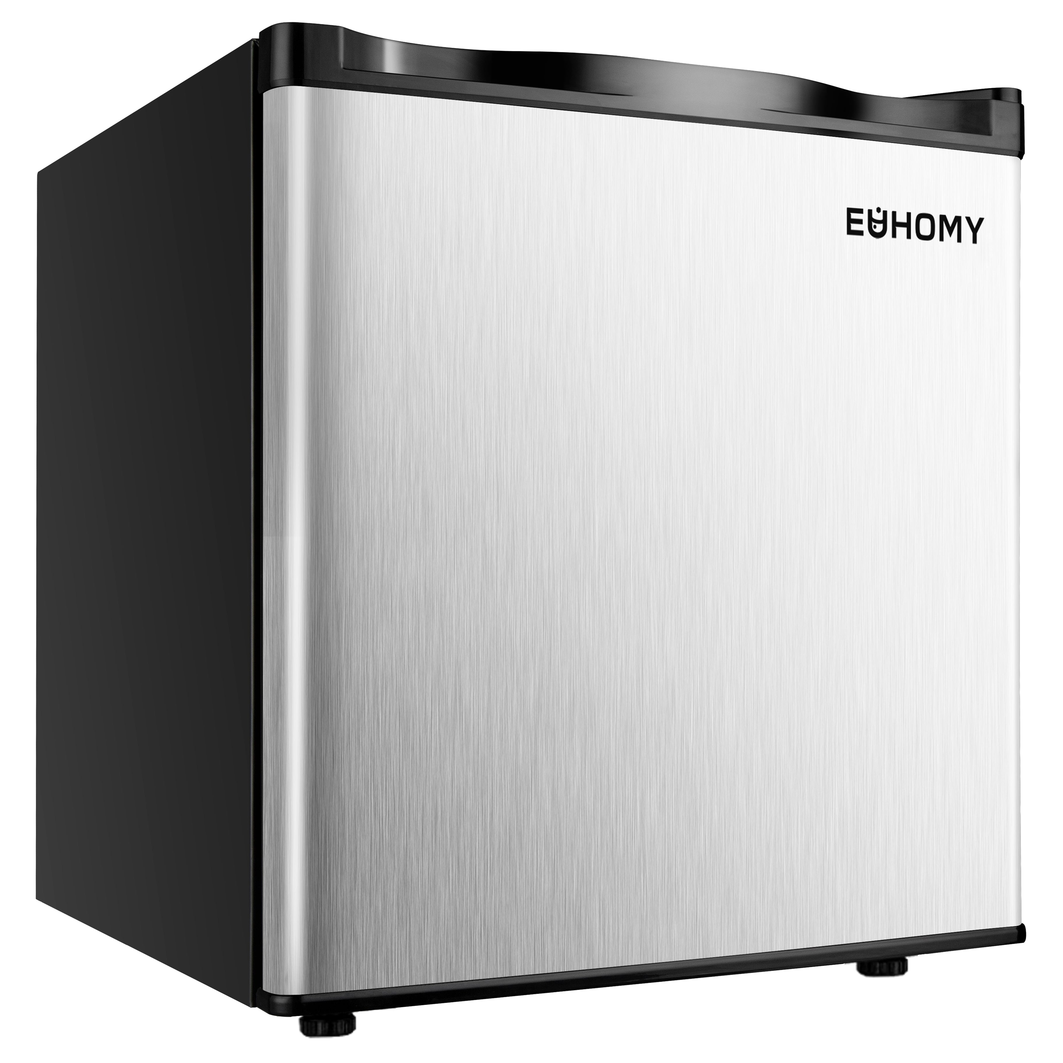 EUHOMY compact mini upright freezer with brushed stainless steel door and black sides, showcasing product appearance.