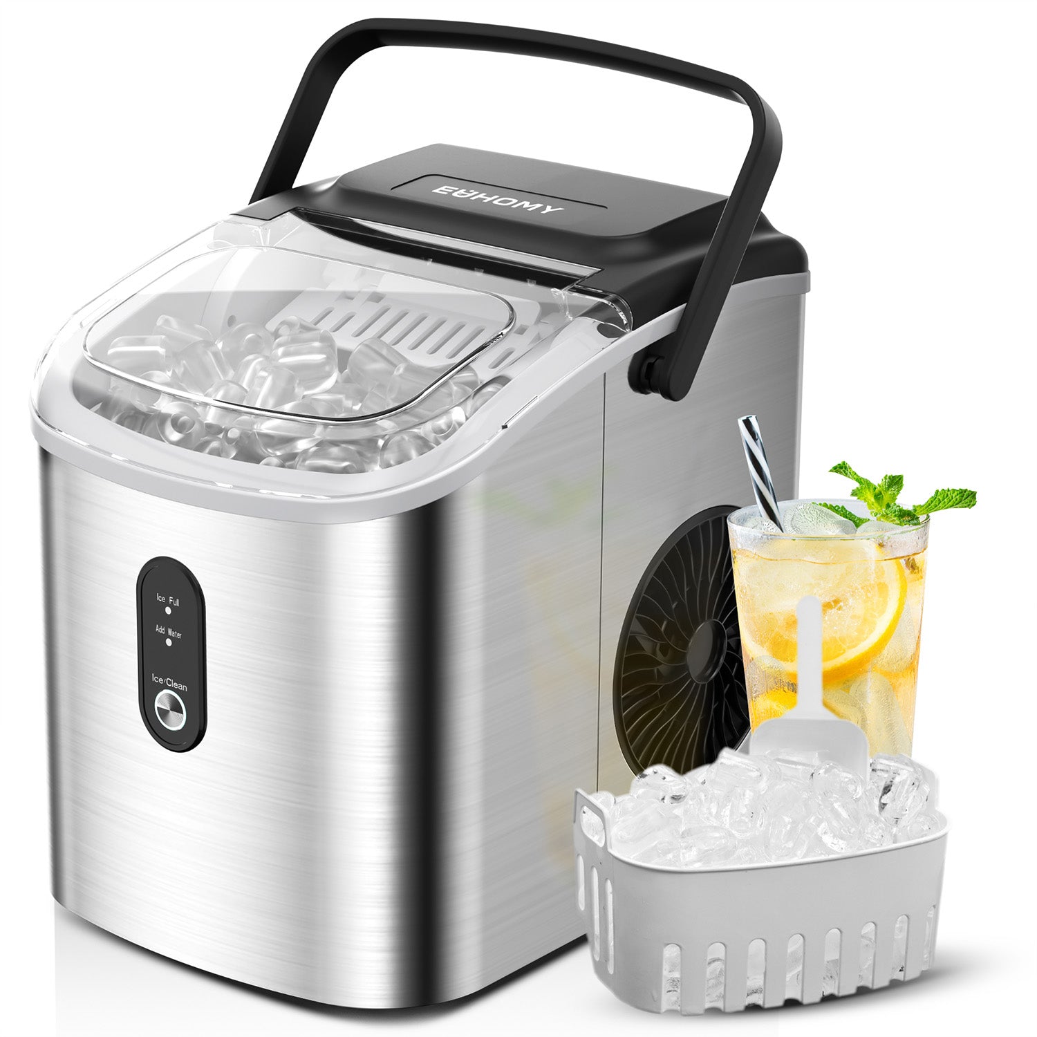 Euhomy Dart H1 silver bullet ice maker, portable design with ice scoop, basket & drink.