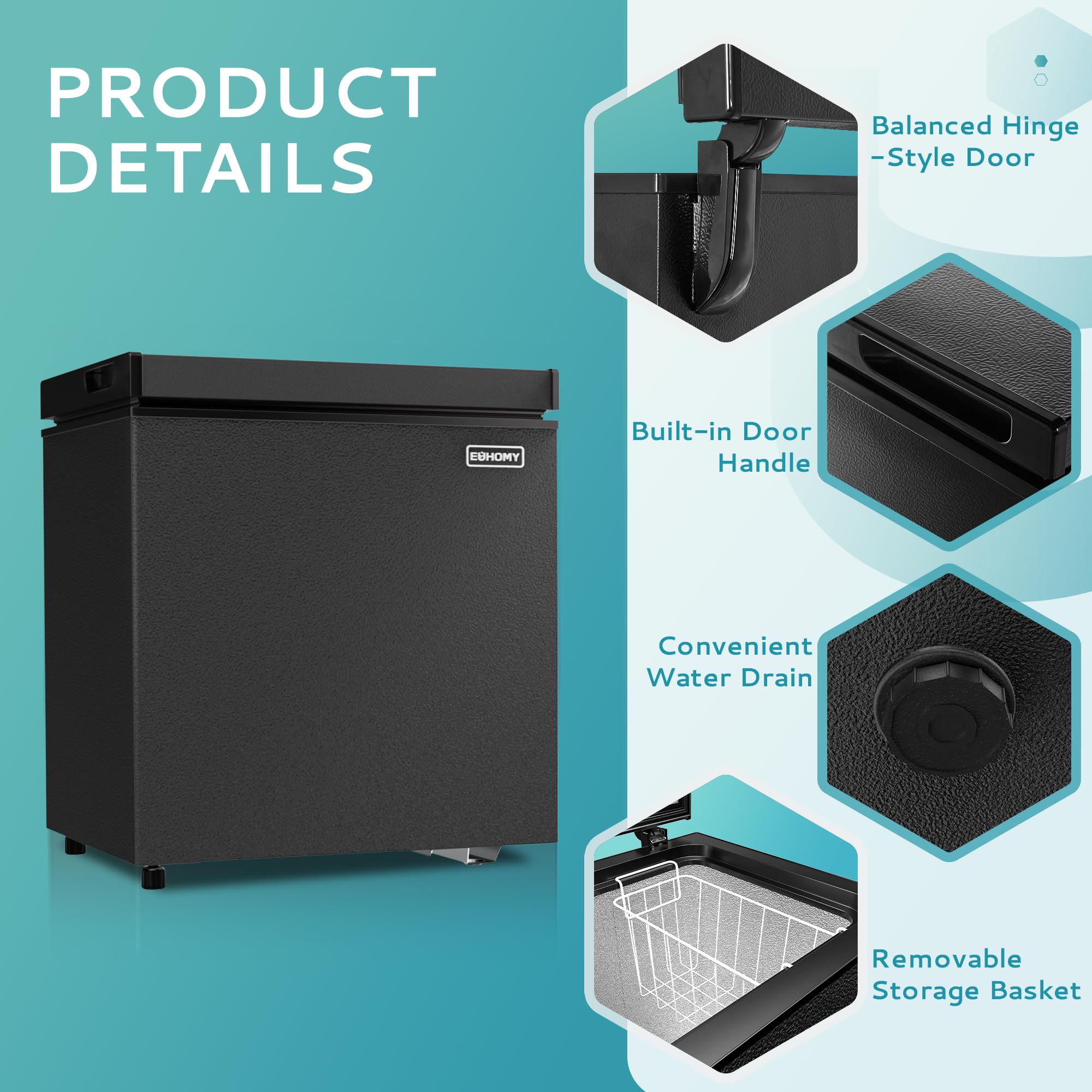 Euhomy 3.5 cu ft chest freezer details: balanced hinge door, built-in handle, water drain, removable basket.