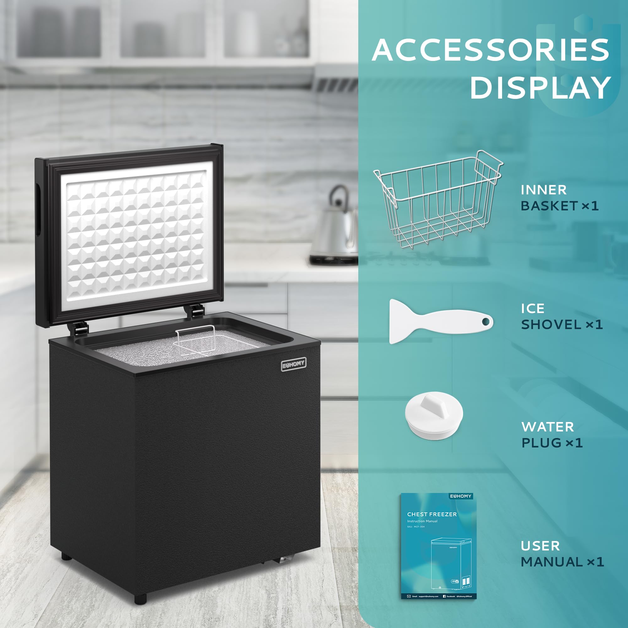 Euhomy 3.5 cu ft black chest freezer open, includes inner basket, ice shovel, water plug, user manual.
