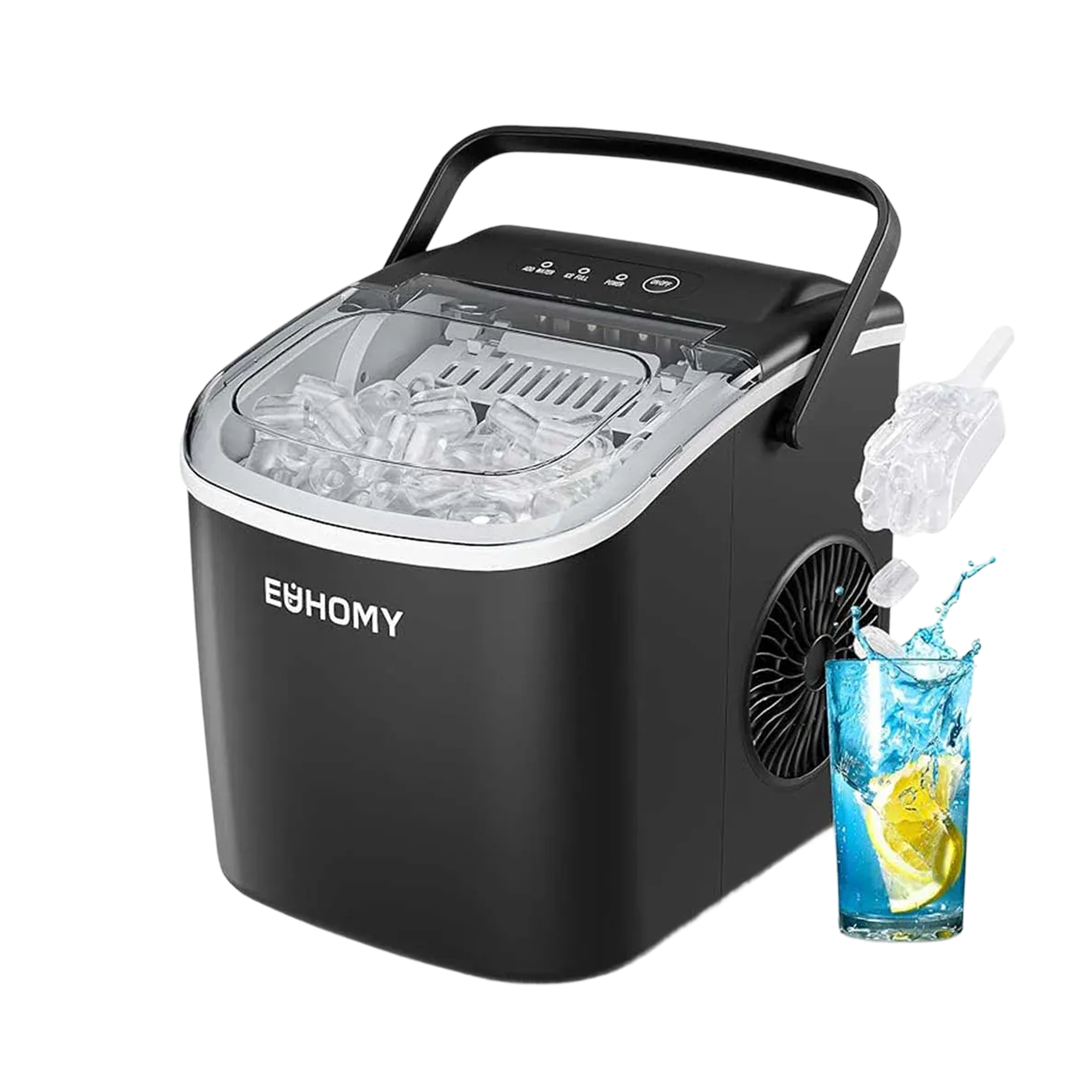 Black Euhomy H1 portable bullet ice maker producing fresh ice cubes, with an ice scoop and a drink.