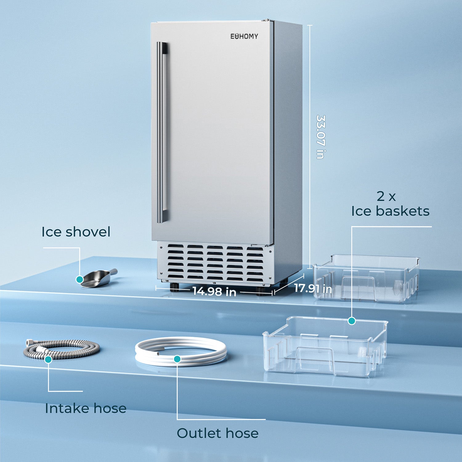 EUHOMY silver commercial nugget ice maker with dimensions, ice shovel, hoses, and 2 ice baskets.