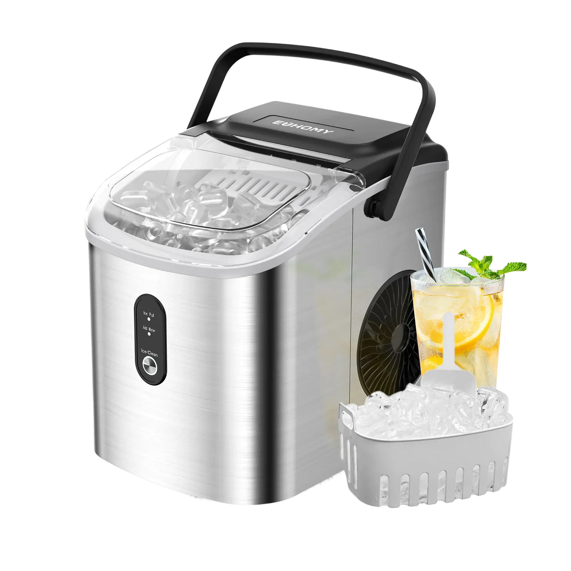 Euhomy Dart H1 silver bullet ice maker, portable design with ice scoop, basket & drink.