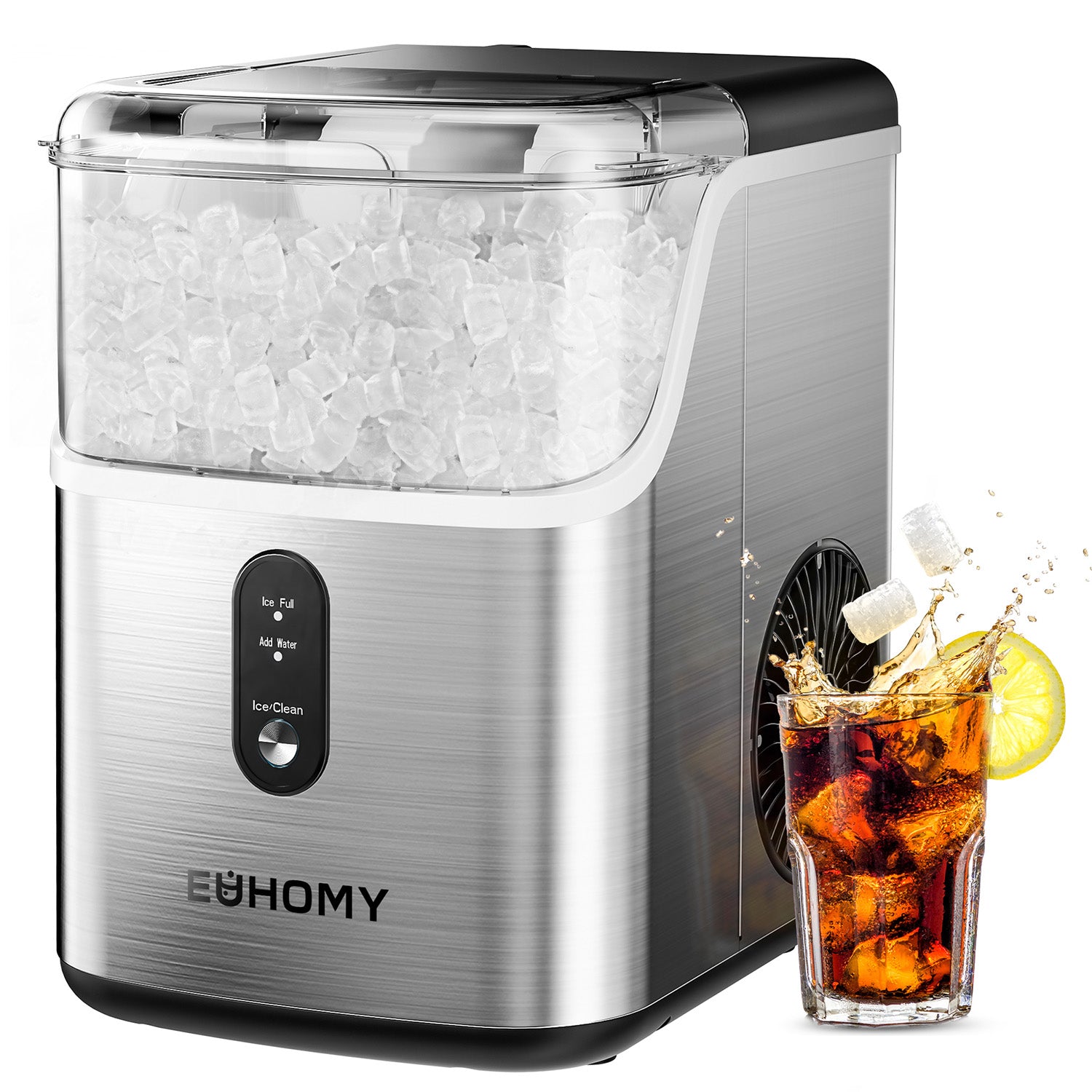 Euhomy Pearl L1 nugget ice maker in brushed stainless steel, next to a glass of cola with ice and lemon.