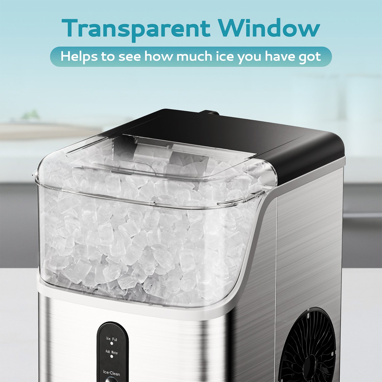 Euhomy Pearl L1 ice maker: full transparent ice bin, brushed stainless steel, shows ice level.