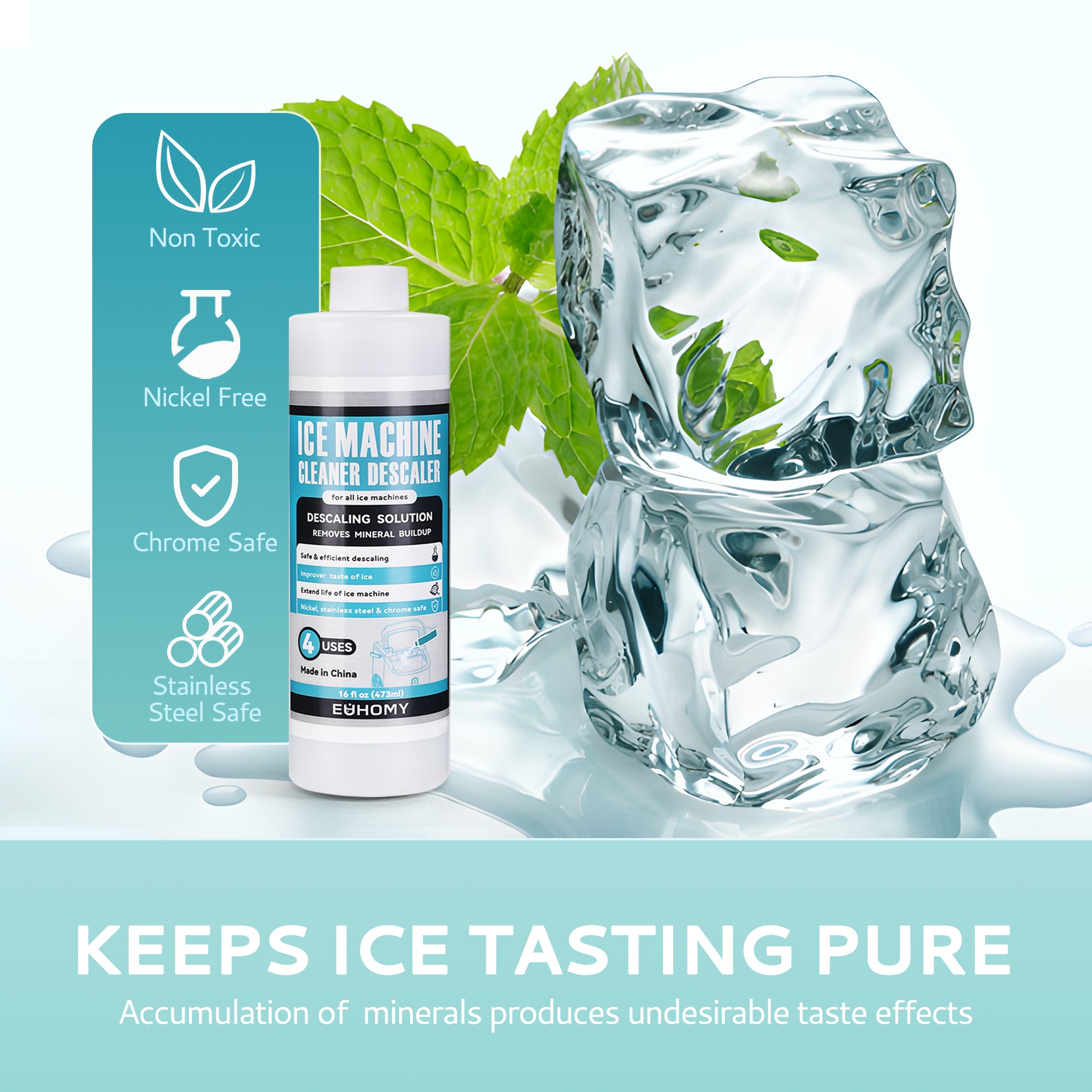 EUHOMY Ice Maker Cleaner bottle with ice cubes and mint. Non-toxic, safe for chrome, nickel, stainless steel.
