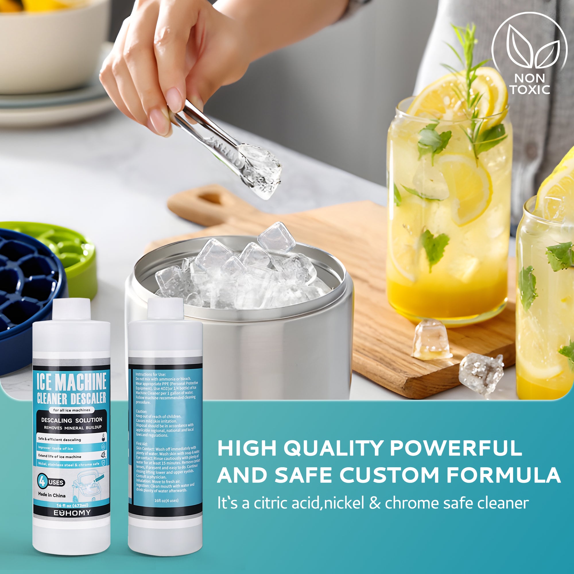 Two EUHOMY ice maker cleaner descaler bottles beside fresh drinks, showing non-toxic cleaning for healthier ice.