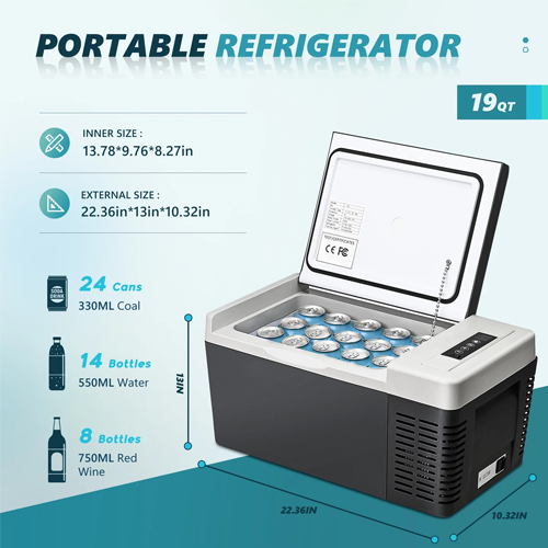Euhomy 19QT portable refrigerator with open lid, capacity for 24 cans and 14 bottles, app control, and shown dimensions.