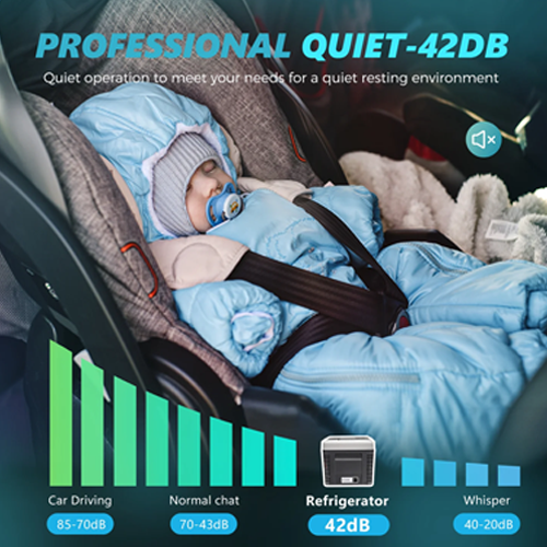 Euhomy 19QT portable refrigerator operates quietly at 42dB, ideal for peaceful baby rest during travel.