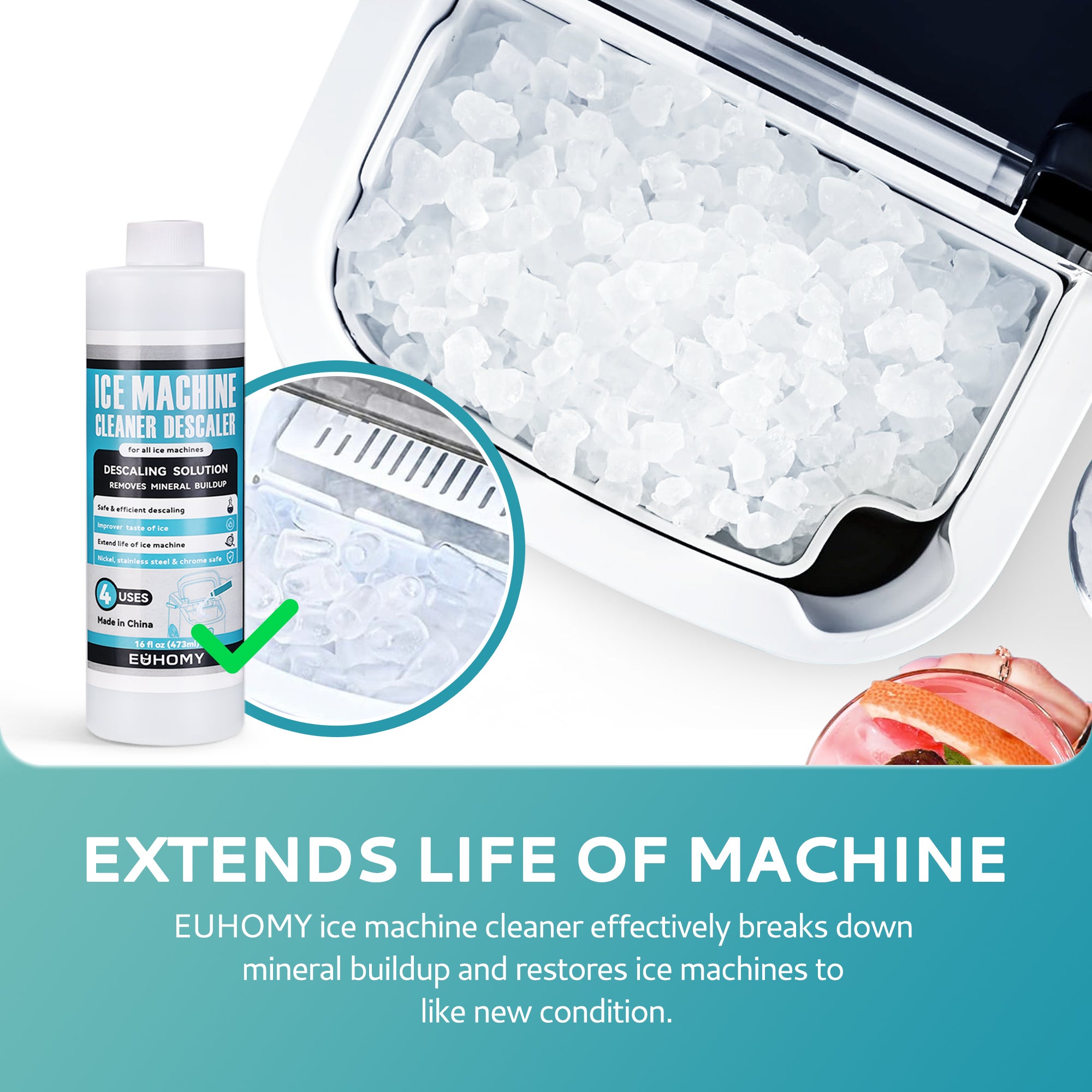 EUHOMY ice maker cleaner descaler bottle with clean ice bin, emphasizing mineral buildup removal.