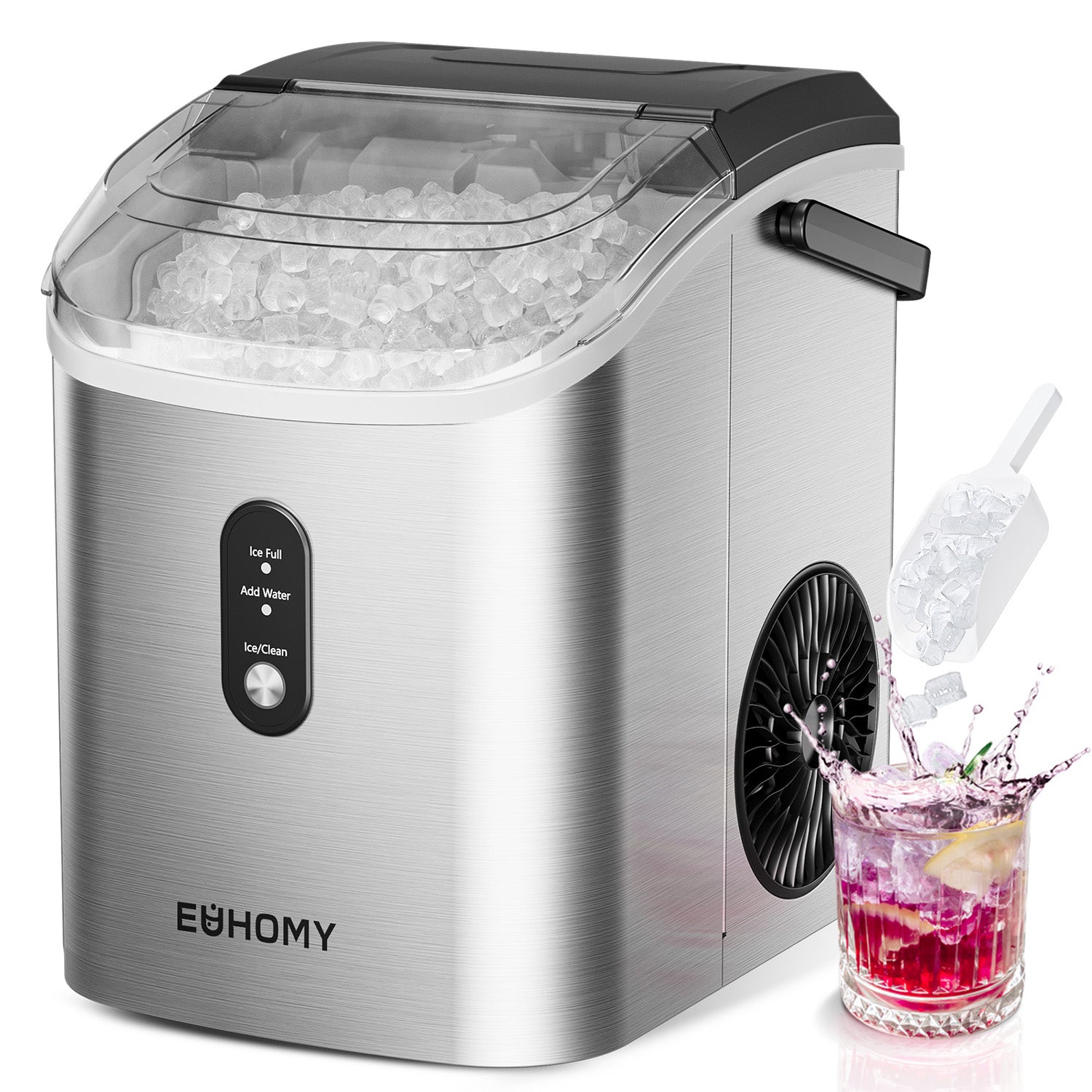 EUHOMY Pearl H1 stainless steel portable nugget ice maker with fresh nugget ice, a cold drink, and ice scoop.