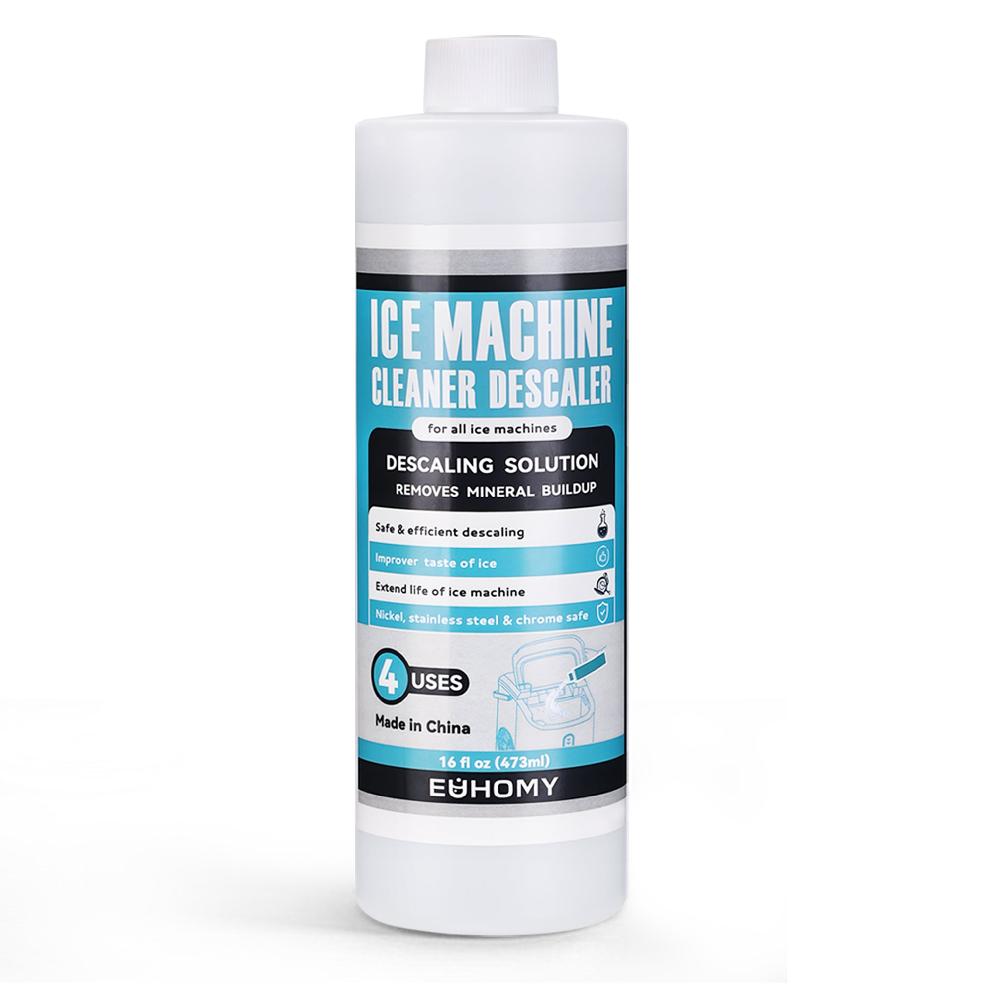EUHOMY Ice Machine Cleaner Descaler bottle, 16 fl oz, removes mineral buildup for optimal performance.