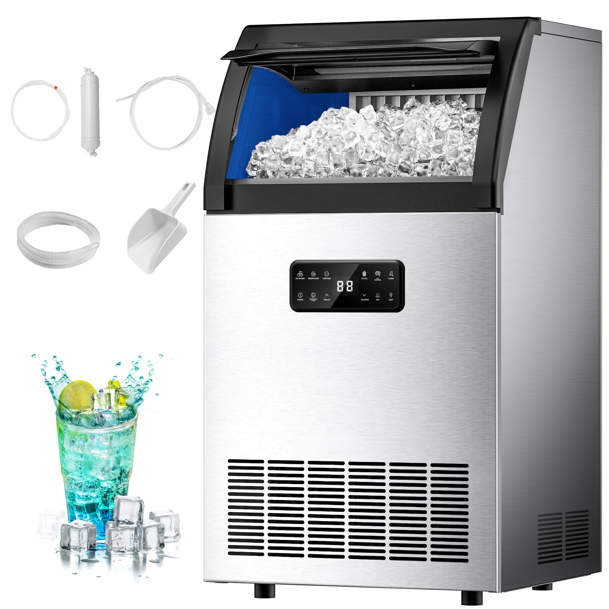Euhomy freestanding commercial stainless steel ice maker with full bin, touchscreen, water filter, and scoop.
