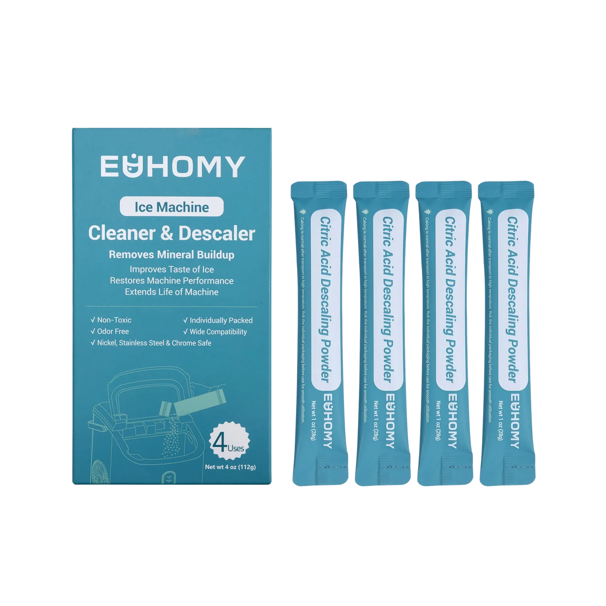 EUHOMY Ice Maker Cleaner & Descaler box with 4 individual citric acid descaling powder packets.