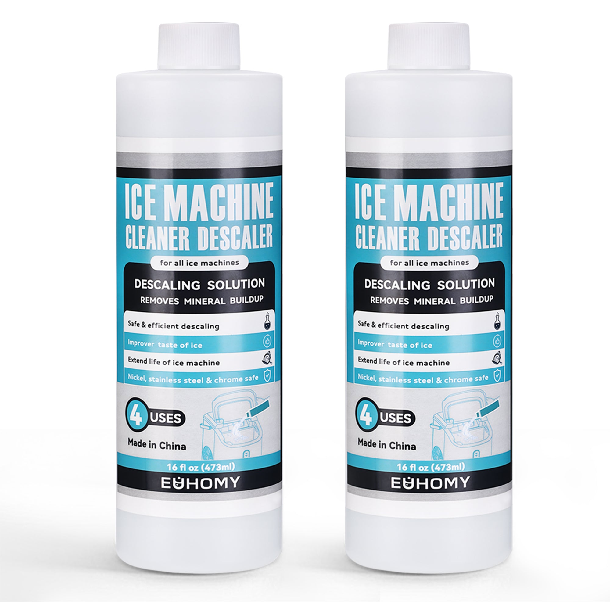 Two 16 fl oz bottles of EUHOMY Ice Maker Cleaner Descaler for optimal performance and healthier ice.