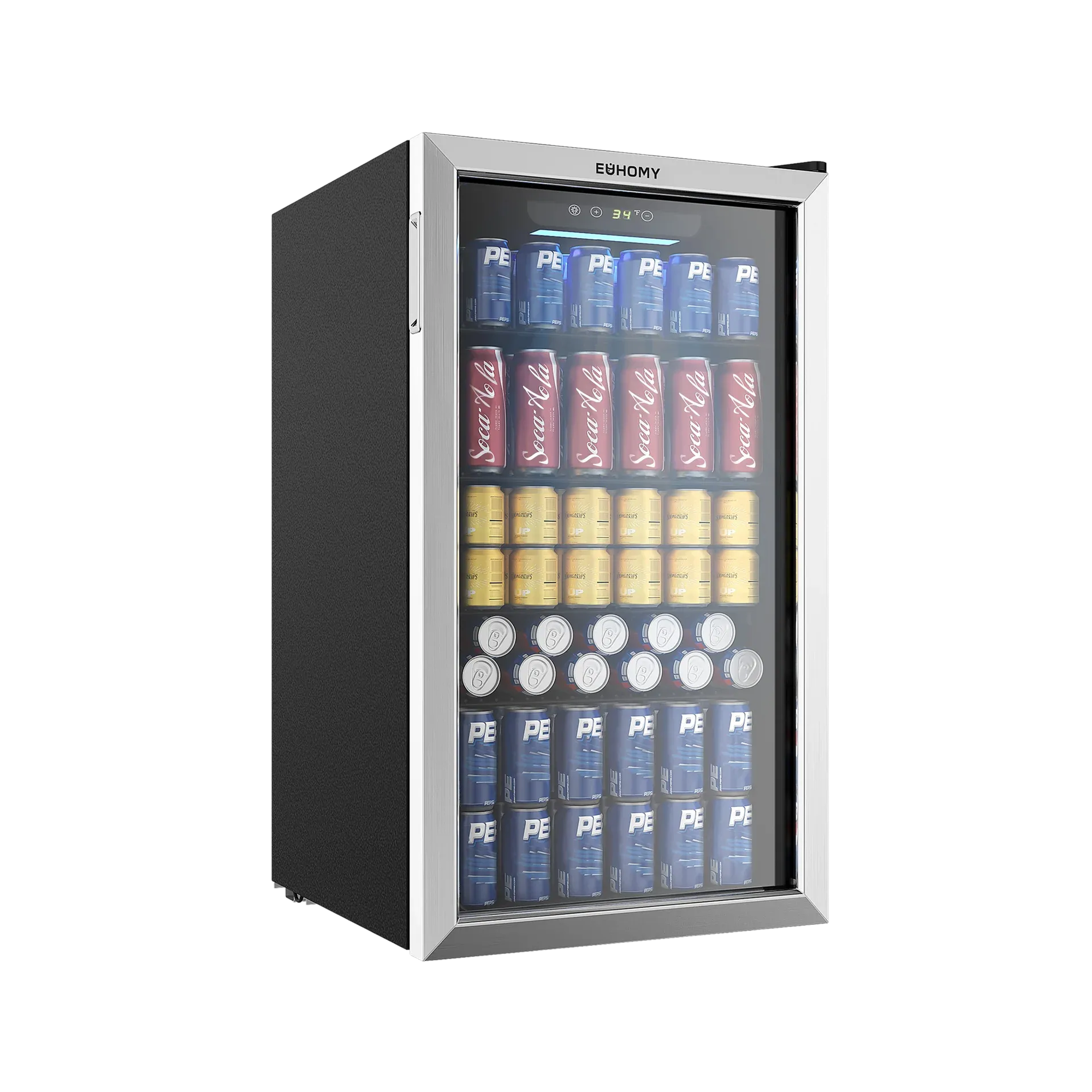 EUHOMY 3.2 Cu.Ft beverage cooler with glass door, showcasing rows of Pepsi, Coca-Cola, and yellow cans in freestanding design.