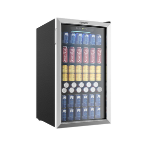 Euhomy Fizz 110 beverage refrigerator with glass door, black cabinet and silver frame, holding assorted cans