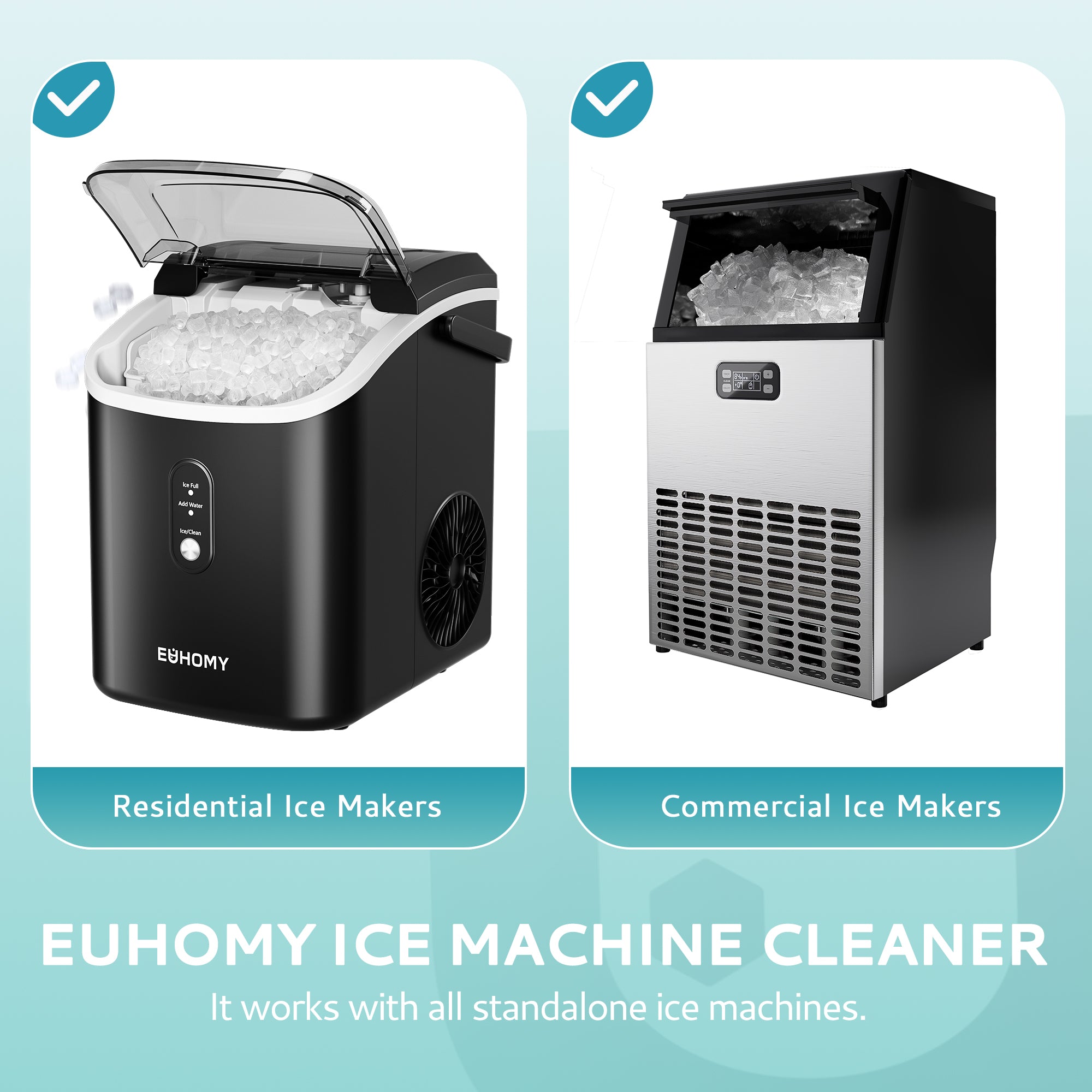 EUHOMY ice machine cleaner compatible with residential and commercial ice makers, showing black and stainless steel units.