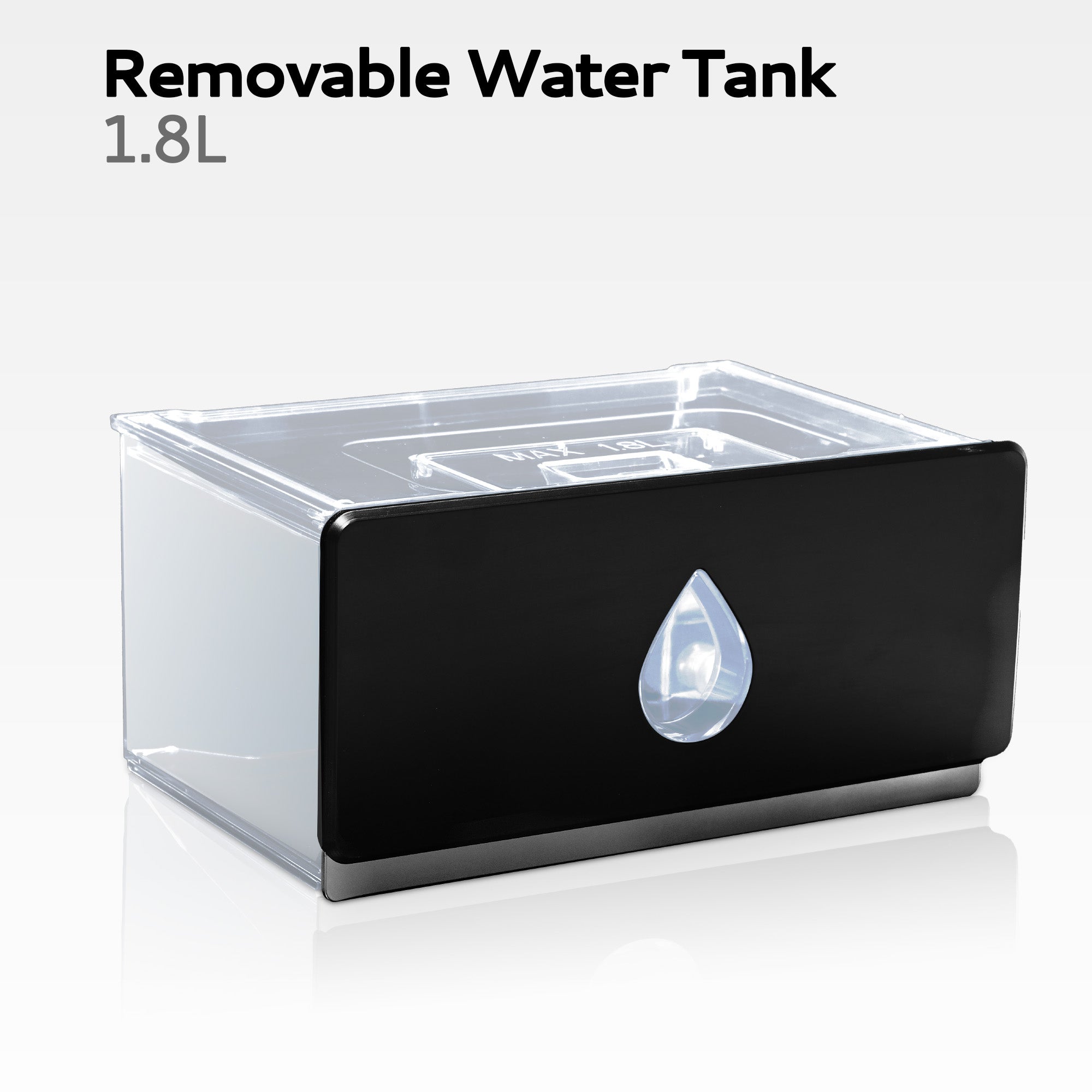 Luna Plus Portable Crystal Ice Maker removable 1.8L water tank with blue water drop indicator and fill level markers.