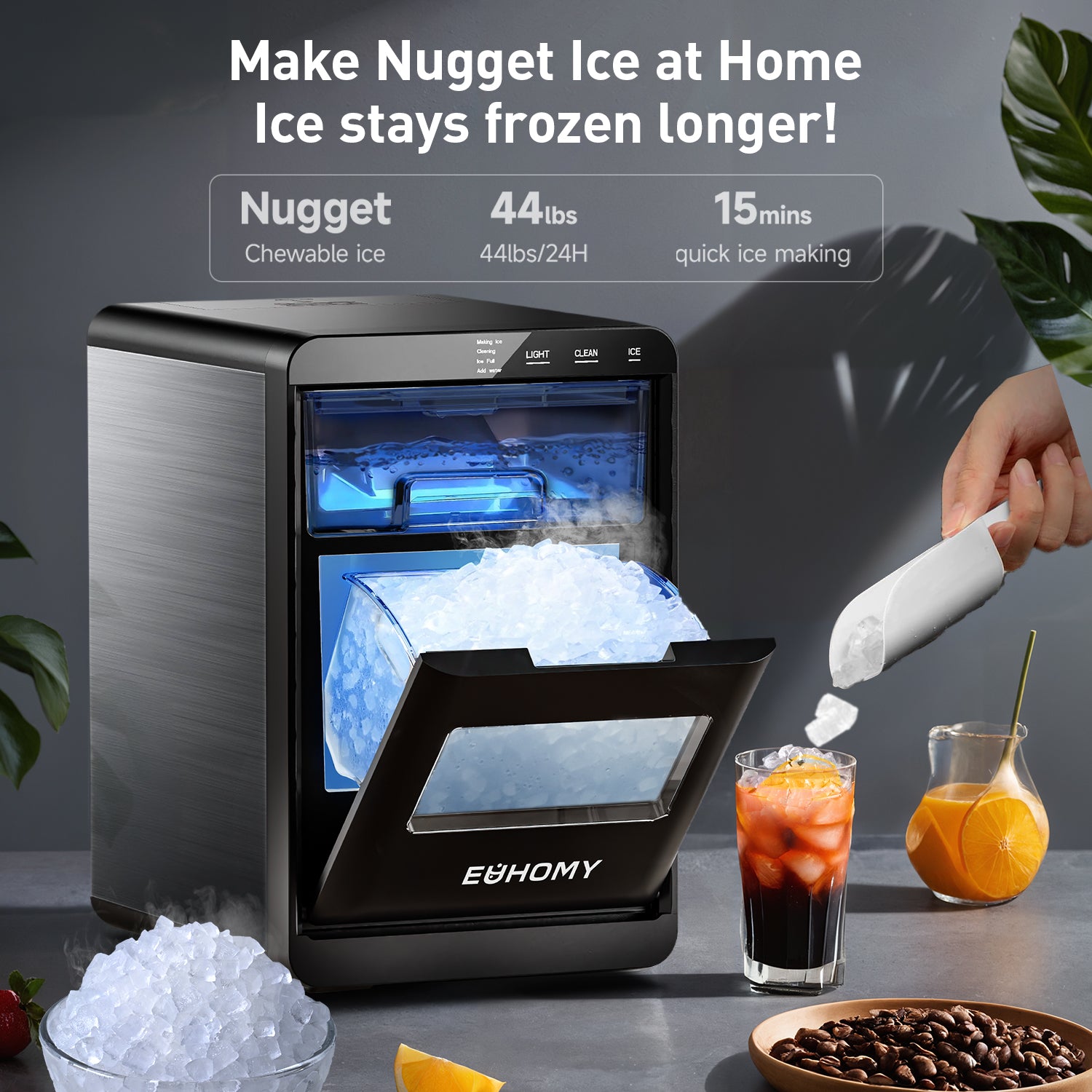 Euhomy Pearl L1 Plus nugget ice maker with full ice bin, hand scooping ice for drinks. Fast & 44lbs/24H production.