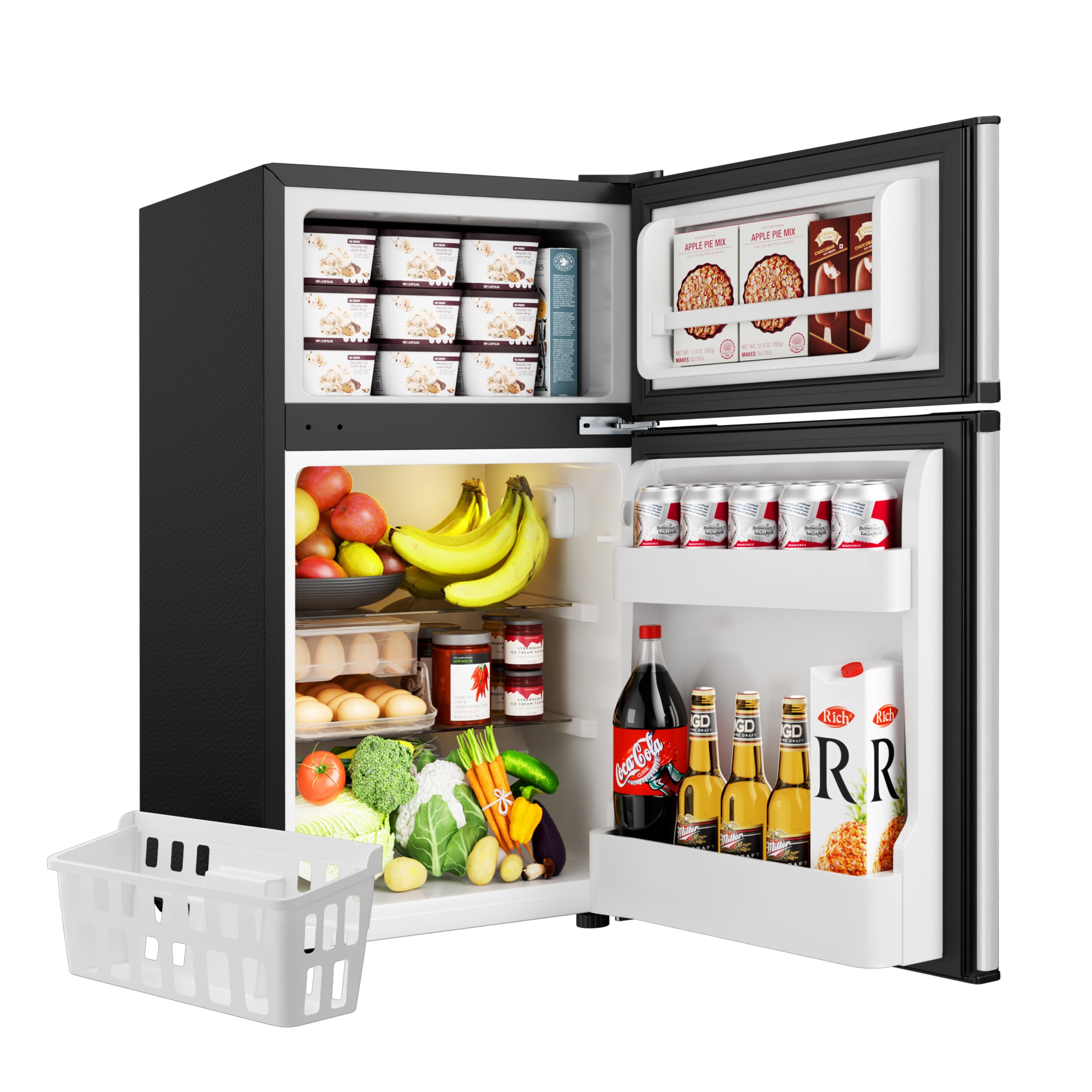 EUHOMY 3.2 Cu.Ft mini fridge interior stocked with ice cream, fruits, vegetables, eggs, and drinks.