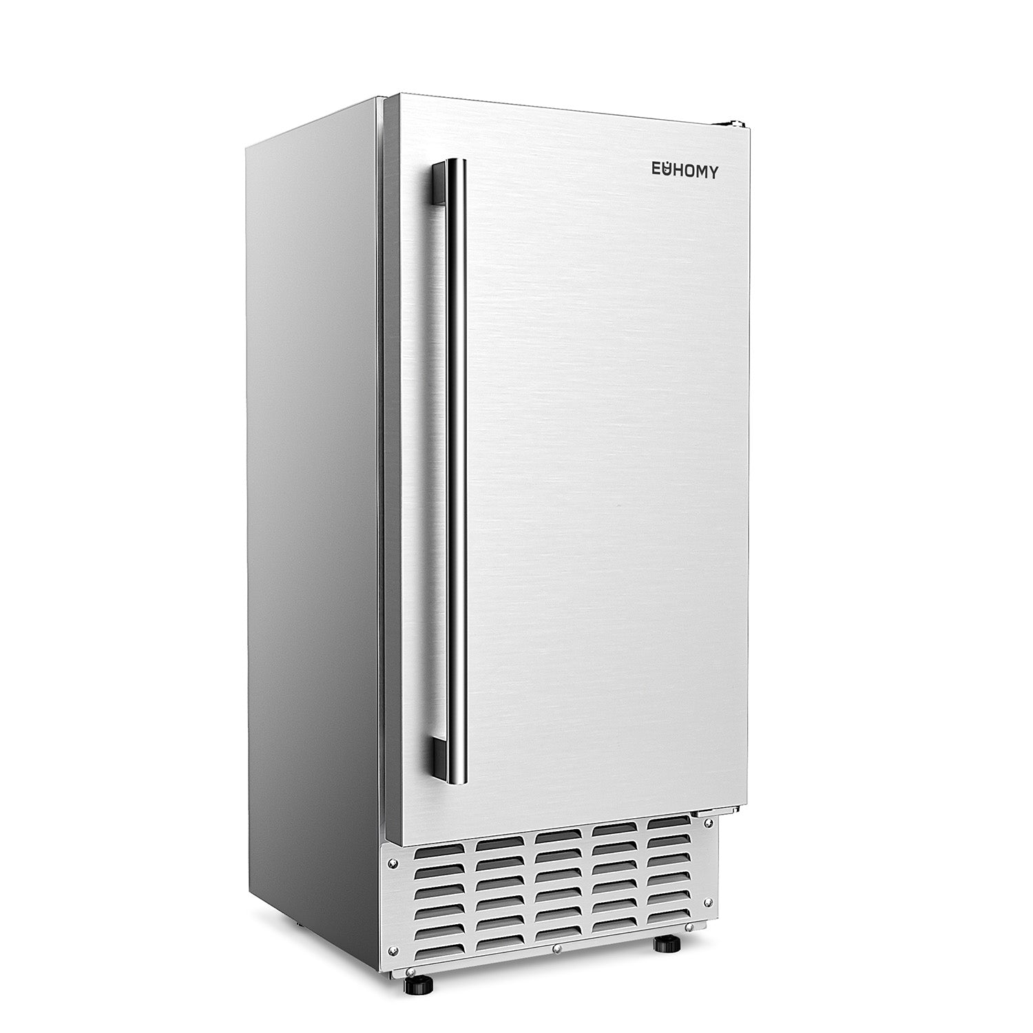 EUHOMY Commercial Built-in Nugget Ice Maker, stainless steel exterior with brushed nickel handle, white background.