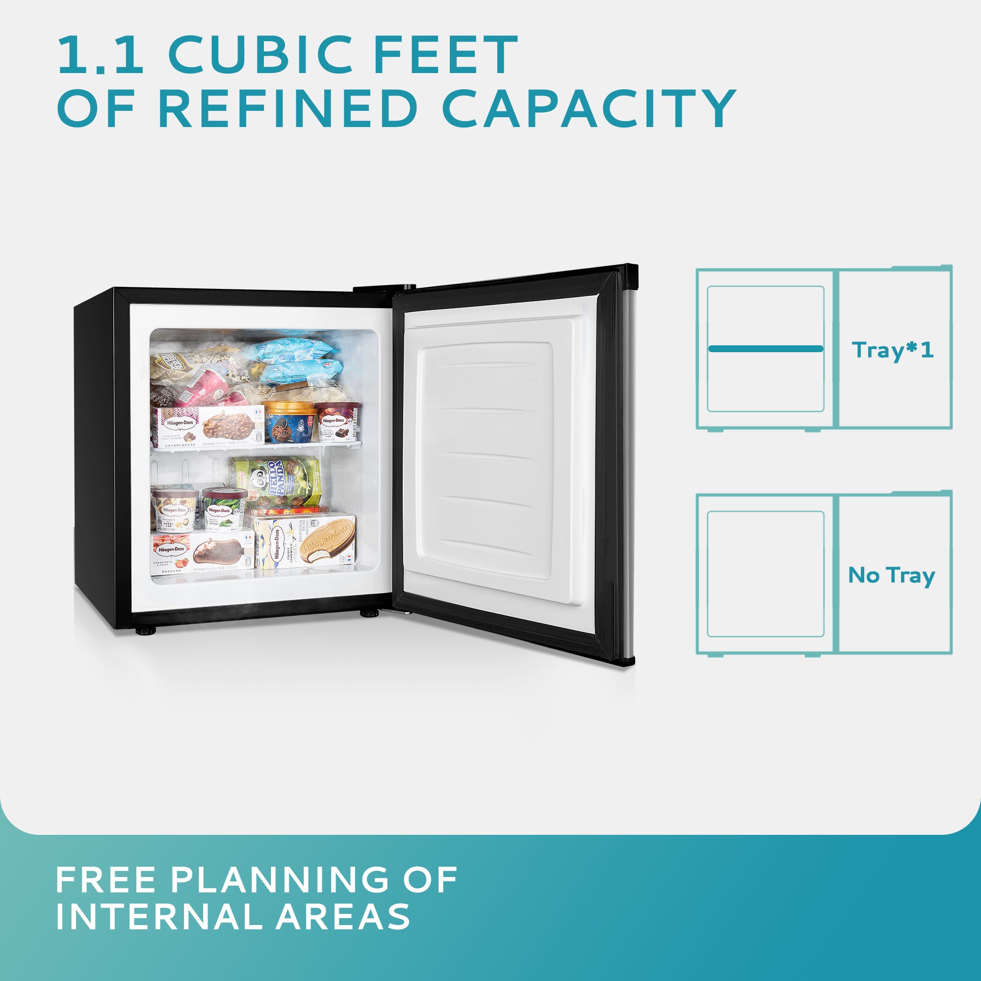 EUHOMY 1.1 cu ft upright freezer open, showcasing stocked interior and capacity options with tray diagrams.