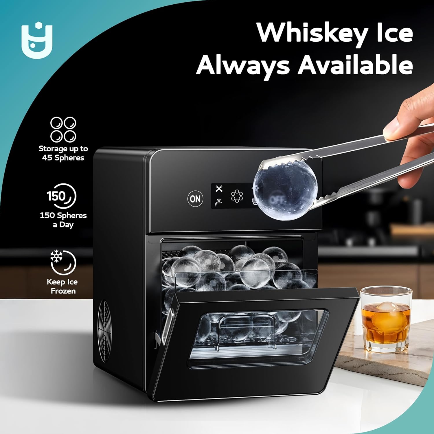 Black Euhomy Rock SE Sphere Ice Maker full of clear ice spheres, with tongs holding one, ideal for whiskey drinkers.