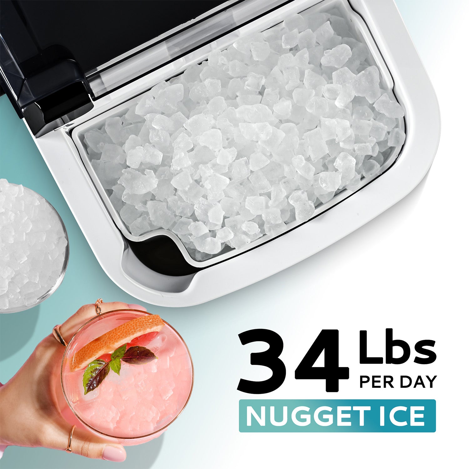 EUHOMY Pearl H1 nugget ice maker with 34 lbs daily capacity and a grapefruit cocktail.