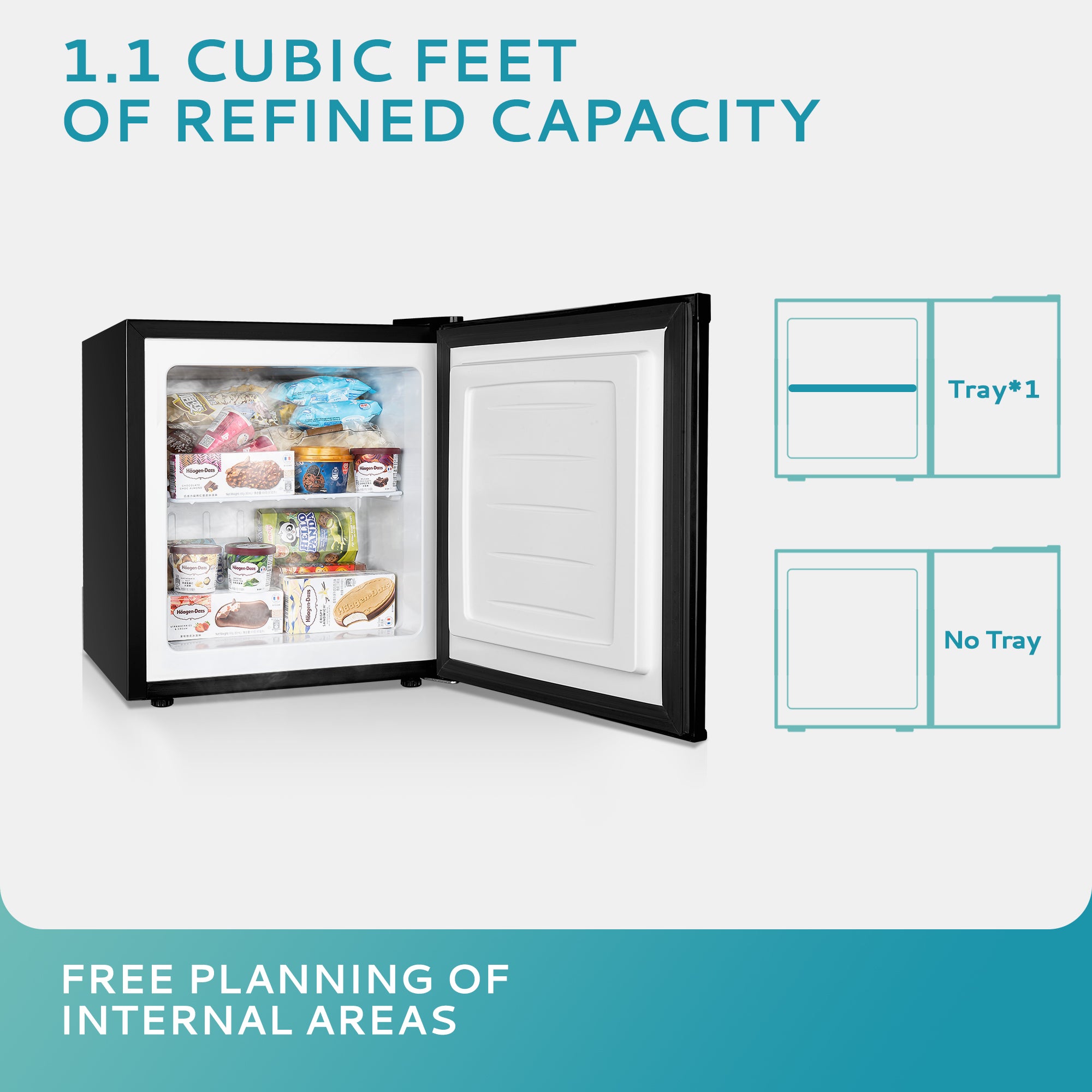EUHOMY 1.1 cu ft black upright mini freezer, open, stocked with food. Shows flexible interior with tray options.