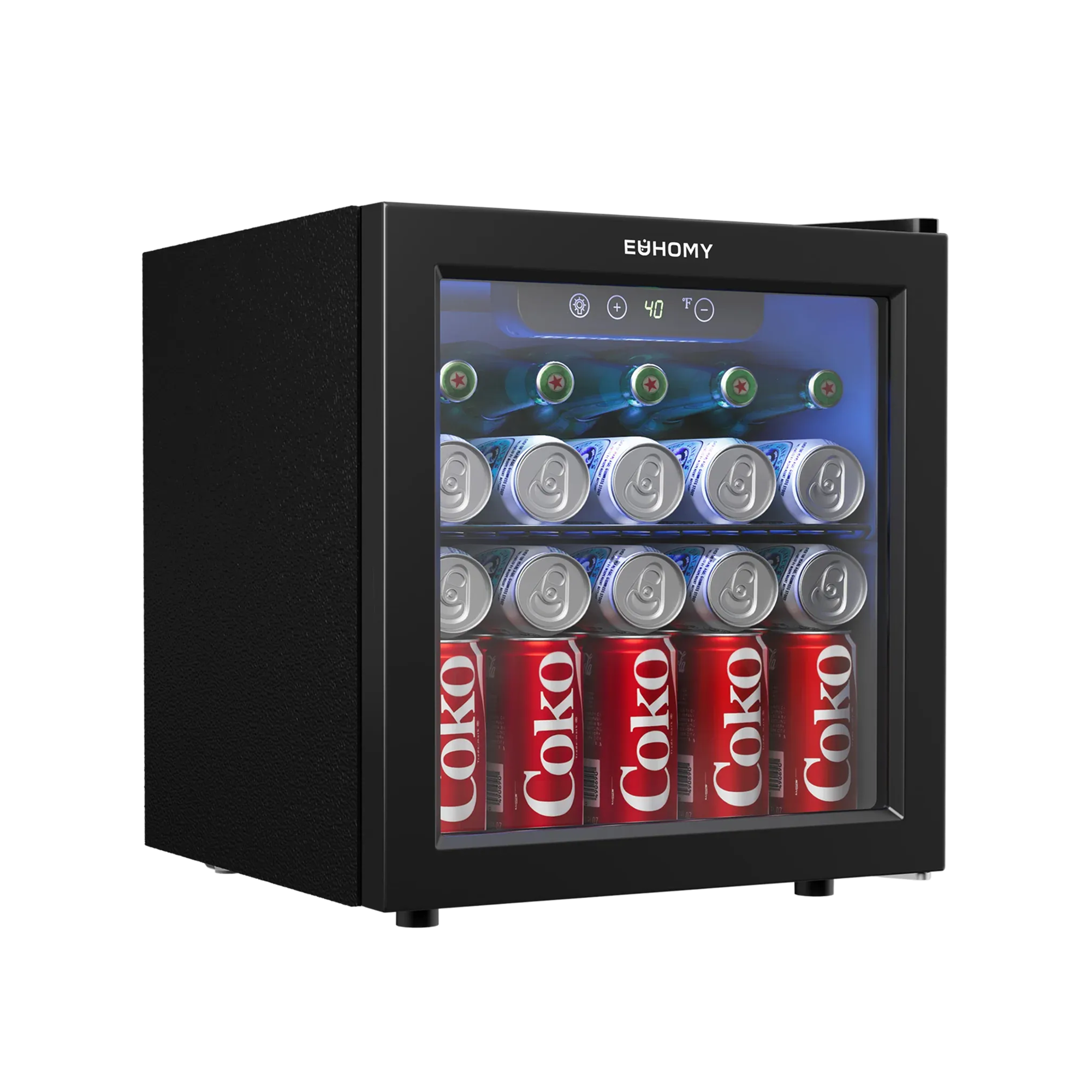 EUHOMY 1.3 cu ft beverage refrigerator cooler with glass door, holding 55 cans, illuminated by blue LED light.