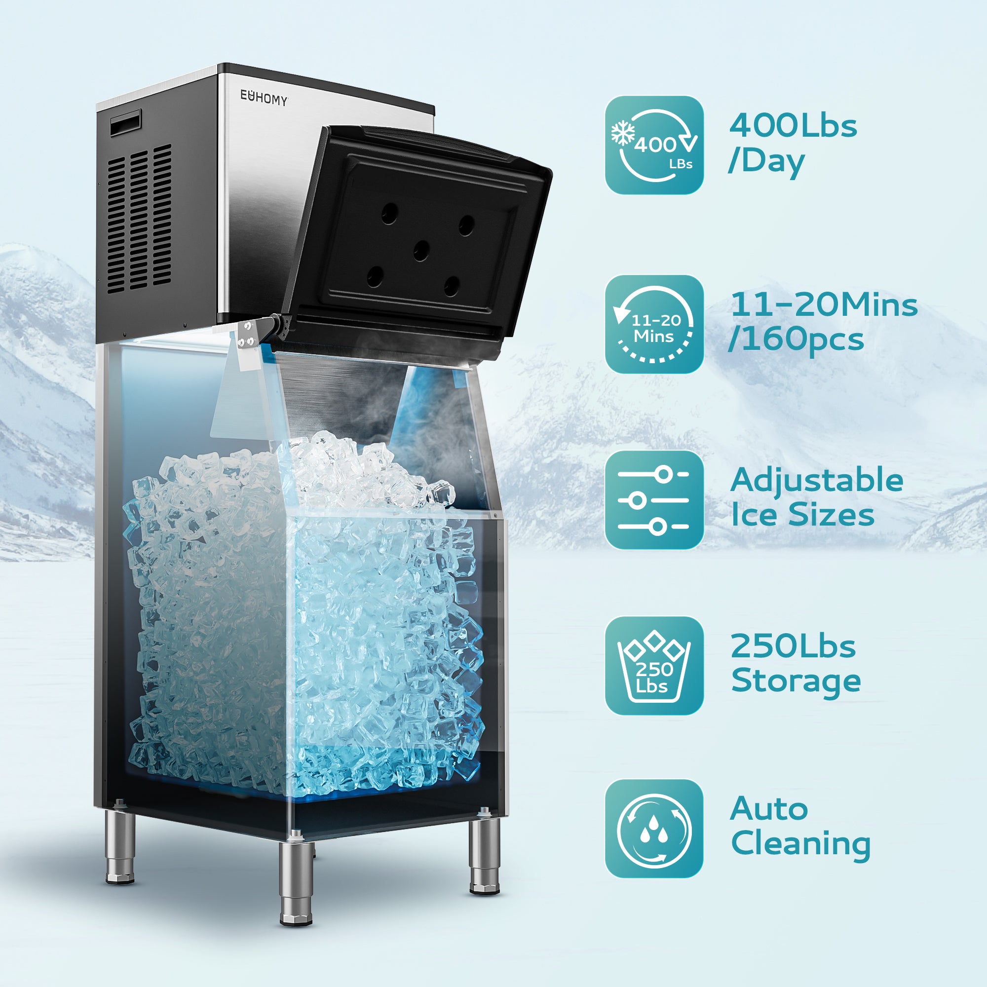 Euhomy commercial ice maker: 400Lbs/day, 250Lbs storage, adjustable ice, auto-clean, 11-20 min cycle. Ideal for businesses.