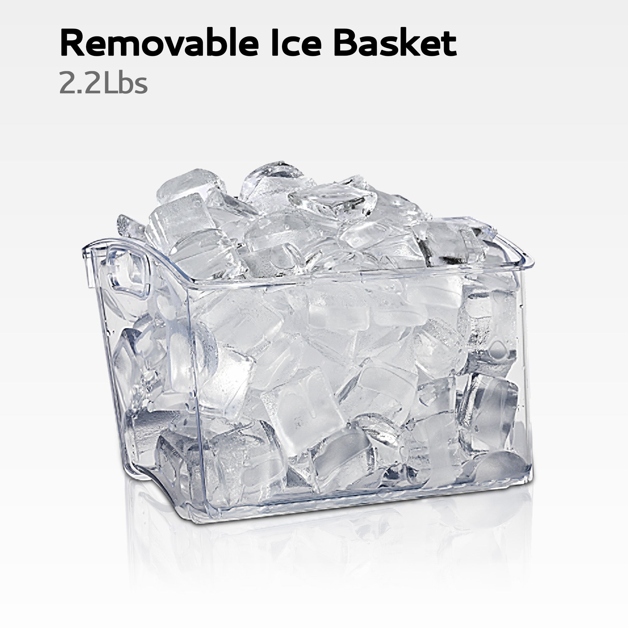 Luna Plus ice maker clear removable ice basket filled with 2.2 lbs of crescent ice cubes.