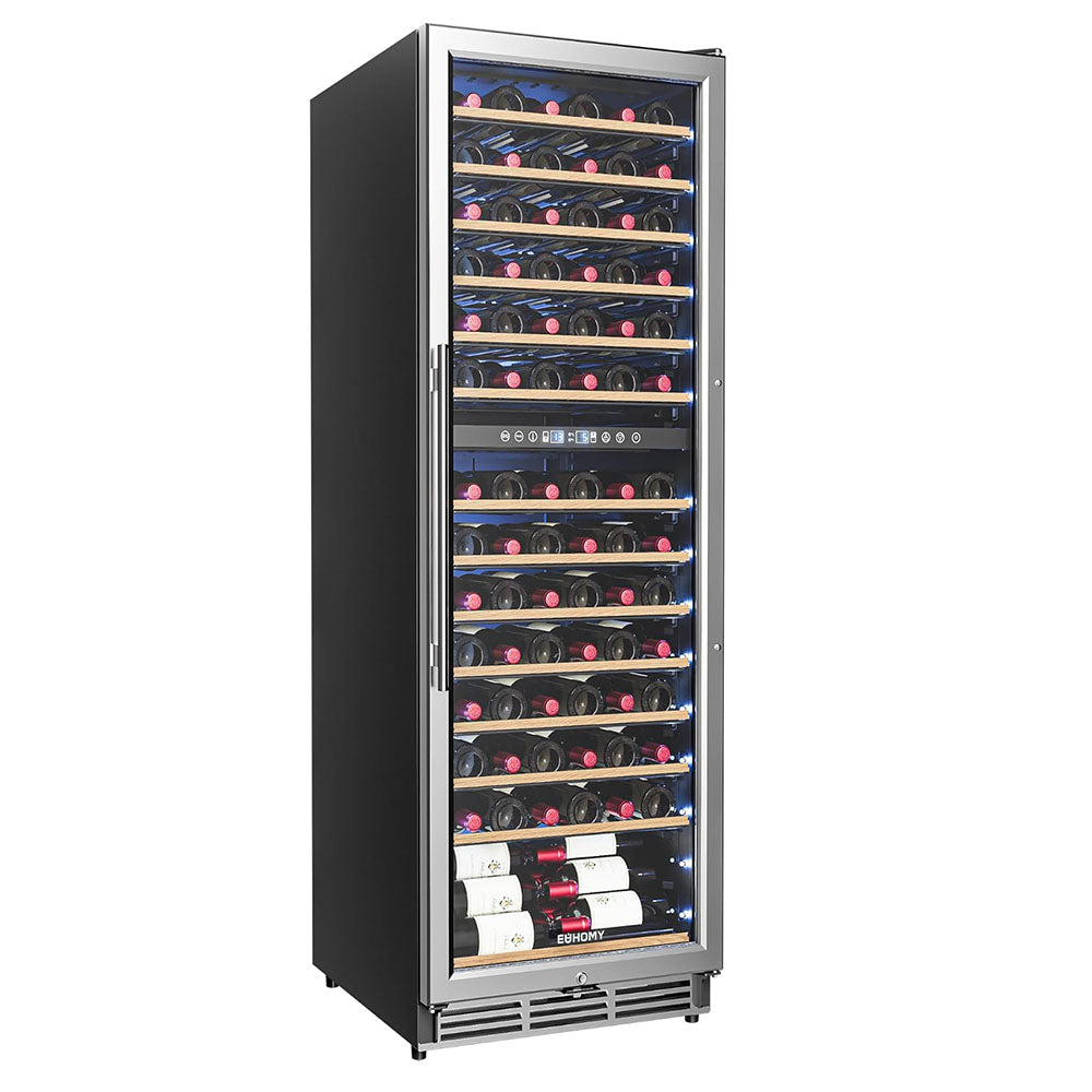 EUHOMY 24 inch dual zone wine fridge, 154 bottle cooler with glass door, silver, showing capacity and dual temperature zones.