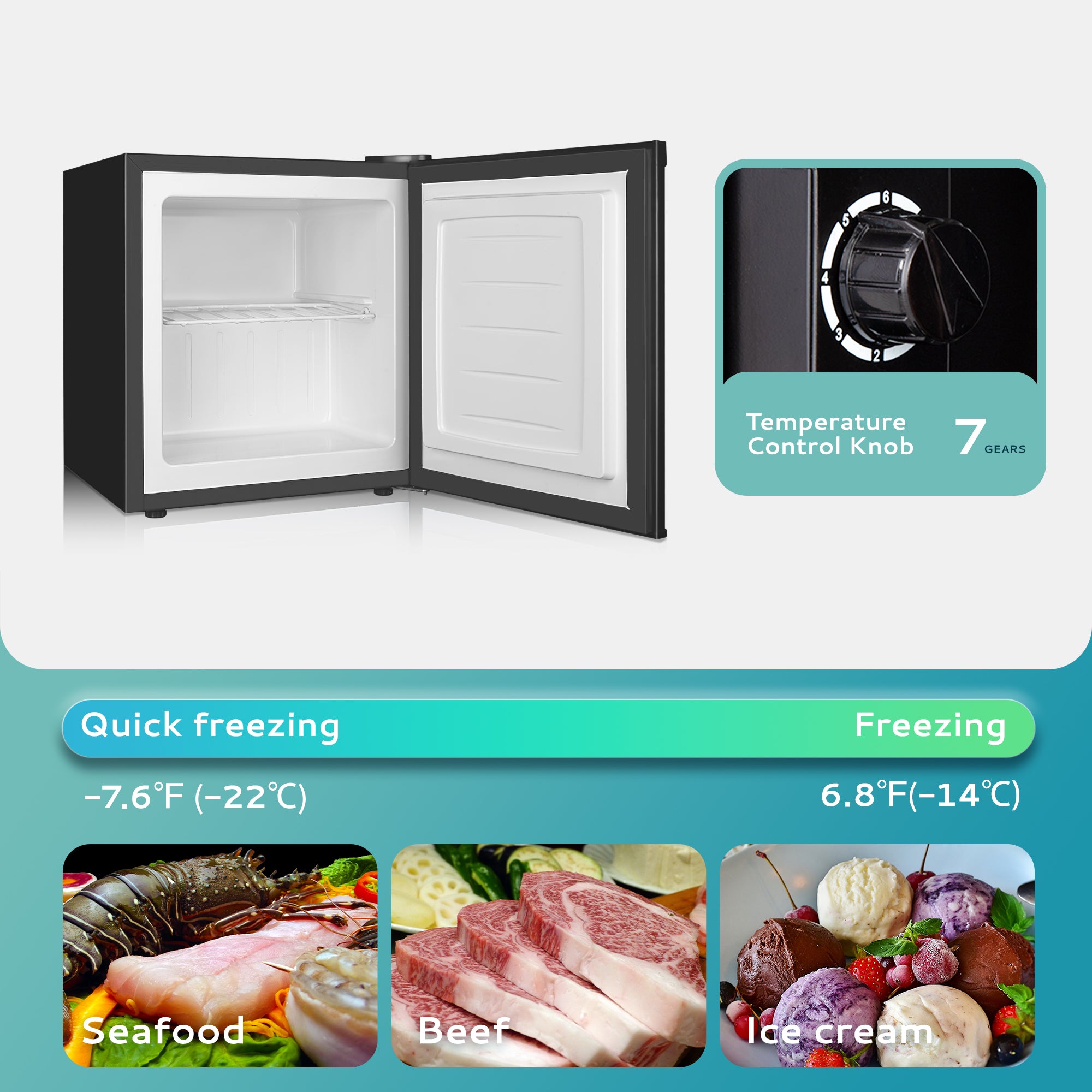 EUHOMY black upright mini freezer open with 7-gear temp control for quick freezing seafood, beef, ice cream.