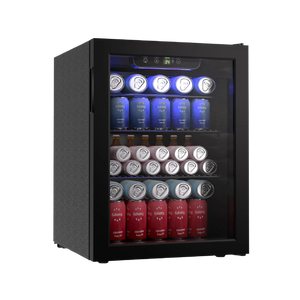 Euhomy Fizz 95 beverage refrigerator with glass door, digital temperature display, and adjustable shelves
