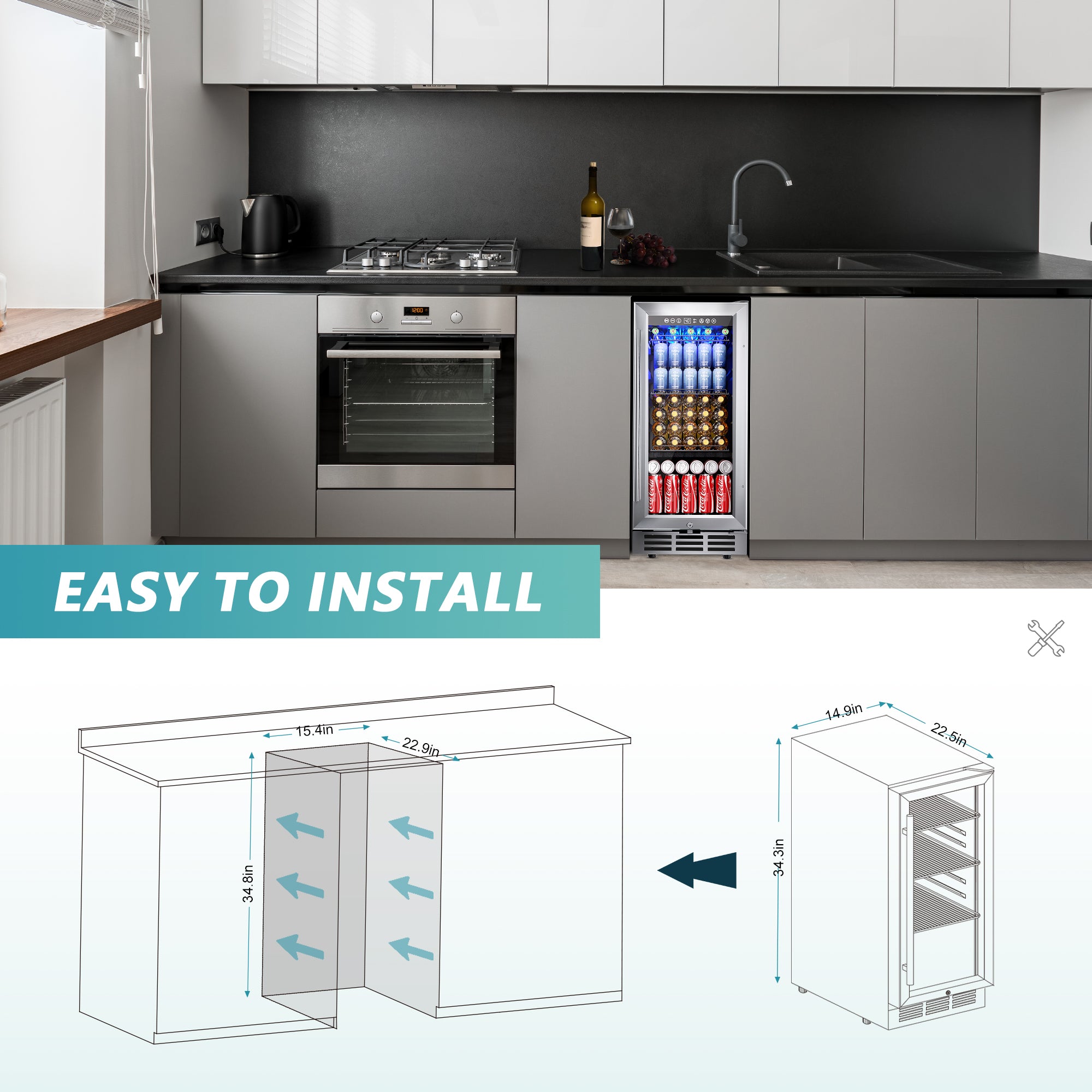 EUHOMY 15" under counter beverage fridge in kitchen, filled with cans. Installation diagram shown.