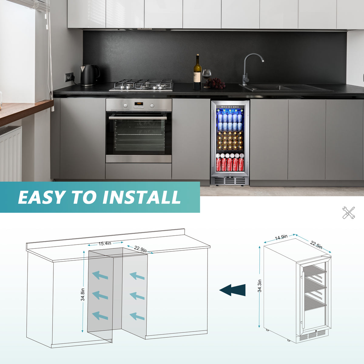 Euhomy Splash beverage refrigerator installed under kitchen counter, easy install