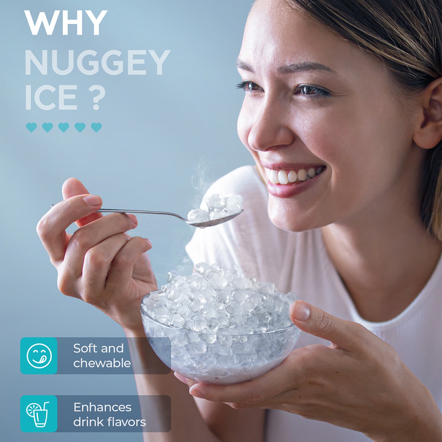 Woman enjoying soft, chewable nugget ice from a bowl, highlighting beverage enhancement.
