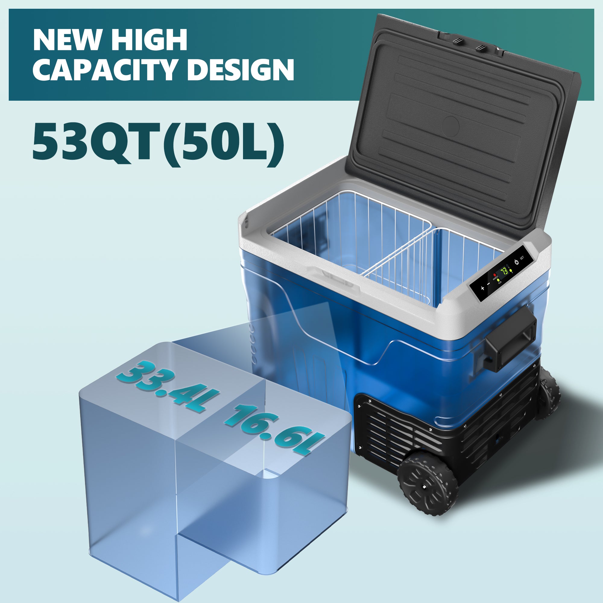 Euhomy 53 Quart portable car refrigerator open, showing dual zone 33.4L and 16.6L capacity design.