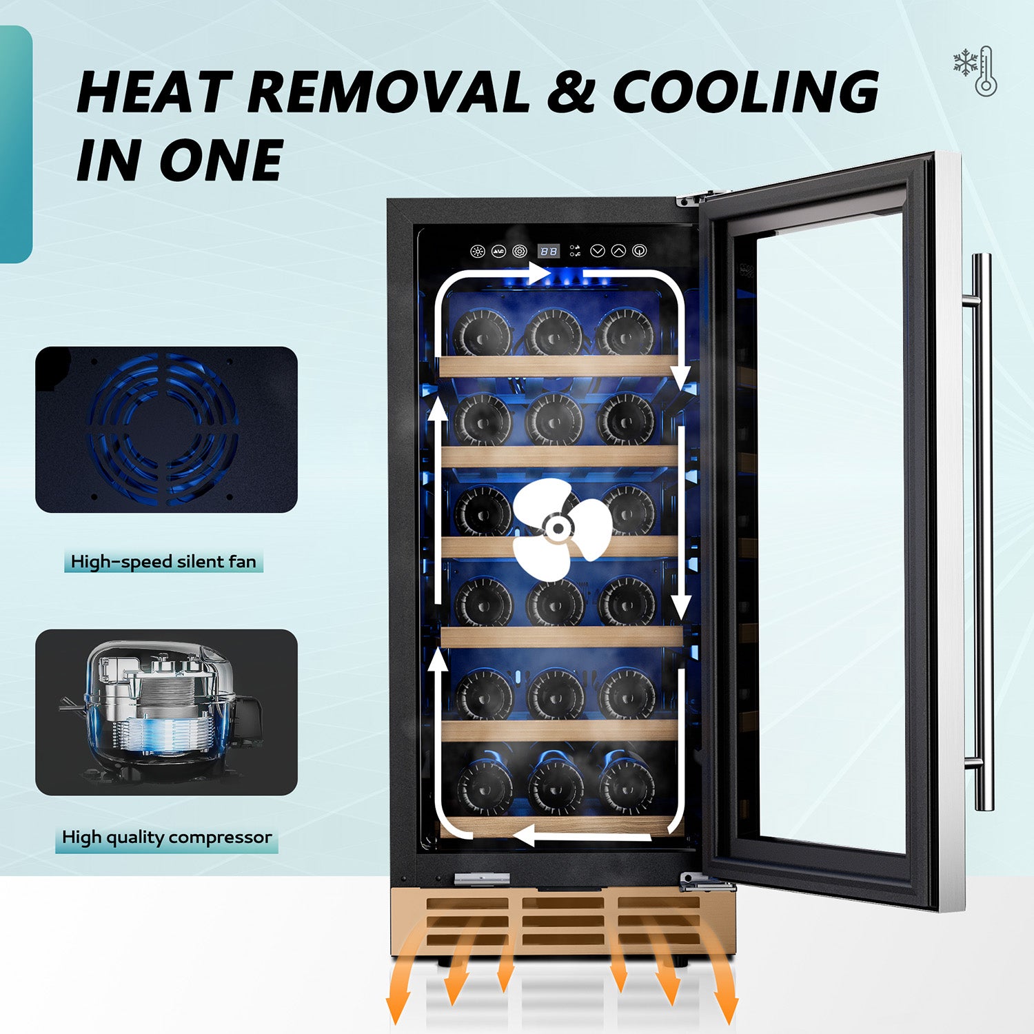 EUHOMY 15 inch wine fridge internal cooling diagram showing silent fan and compressor working with airflow arrows.