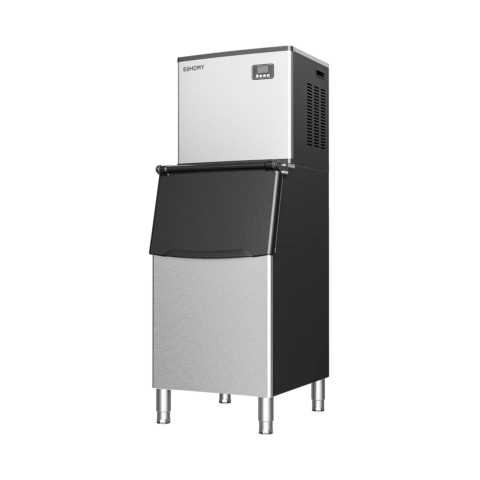 EUHOMY commercial ice maker, stainless steel, digital panel, black lid, adjustable legs.