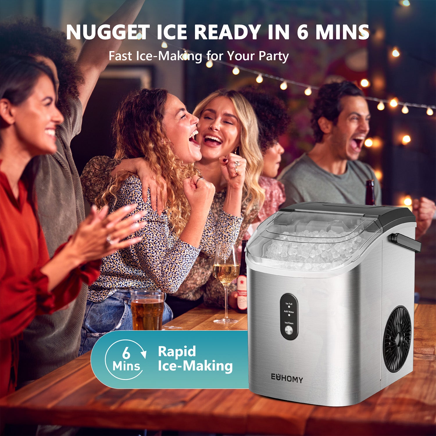 EUHOMY Pearl H1 portable stainless steel nugget ice maker at a party, ready in 6 mins with rapid ice-making.