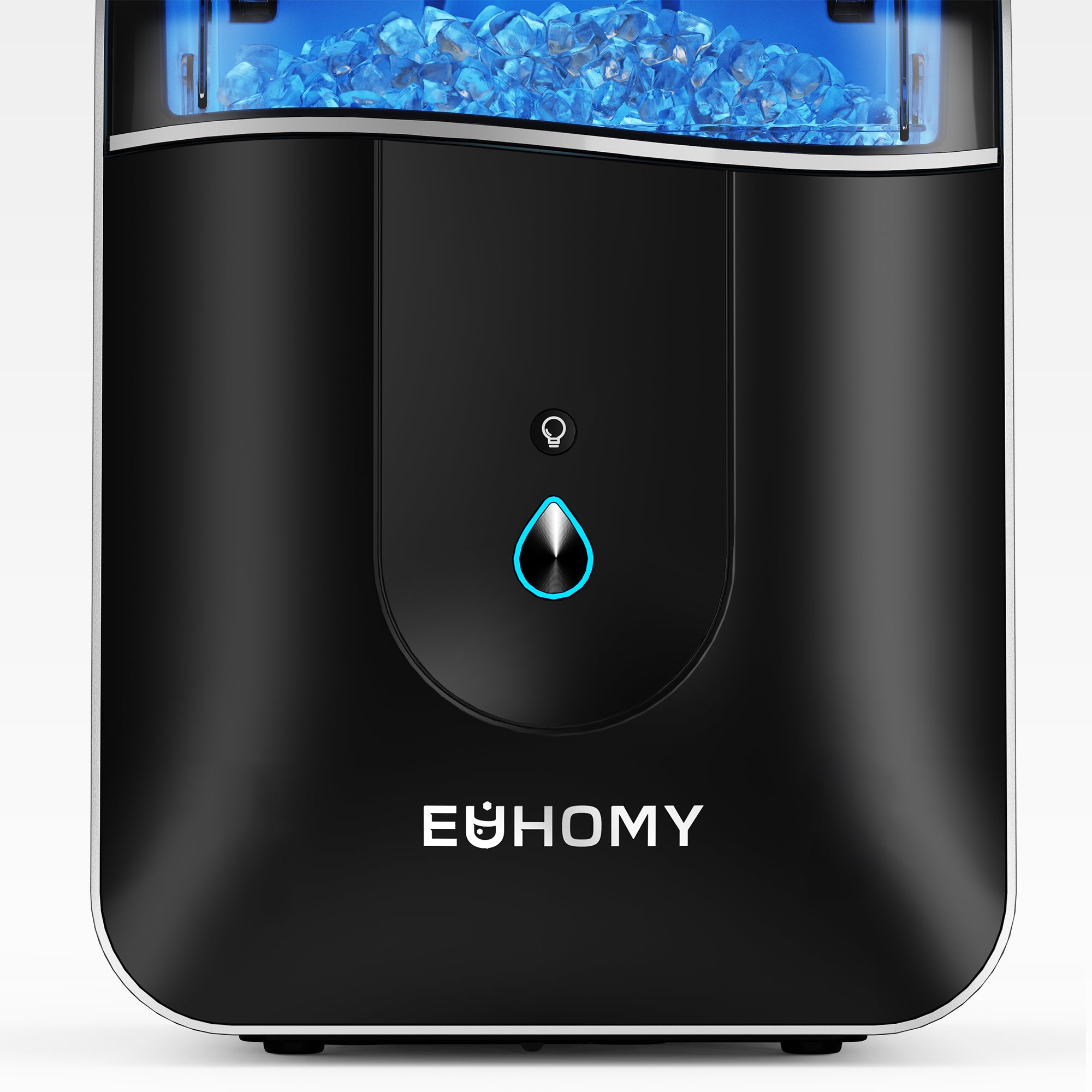 Euhomy Pearl L1 Pro countertop nugget ice maker, front view with blue indicator light.