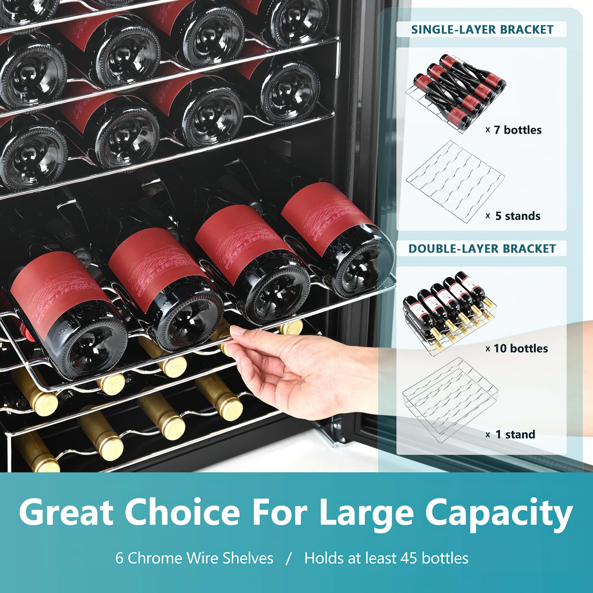 EUHOMY 45-bottle wine cooler: hand adjusts shelf, inset diagrams show bracket options for capacity.