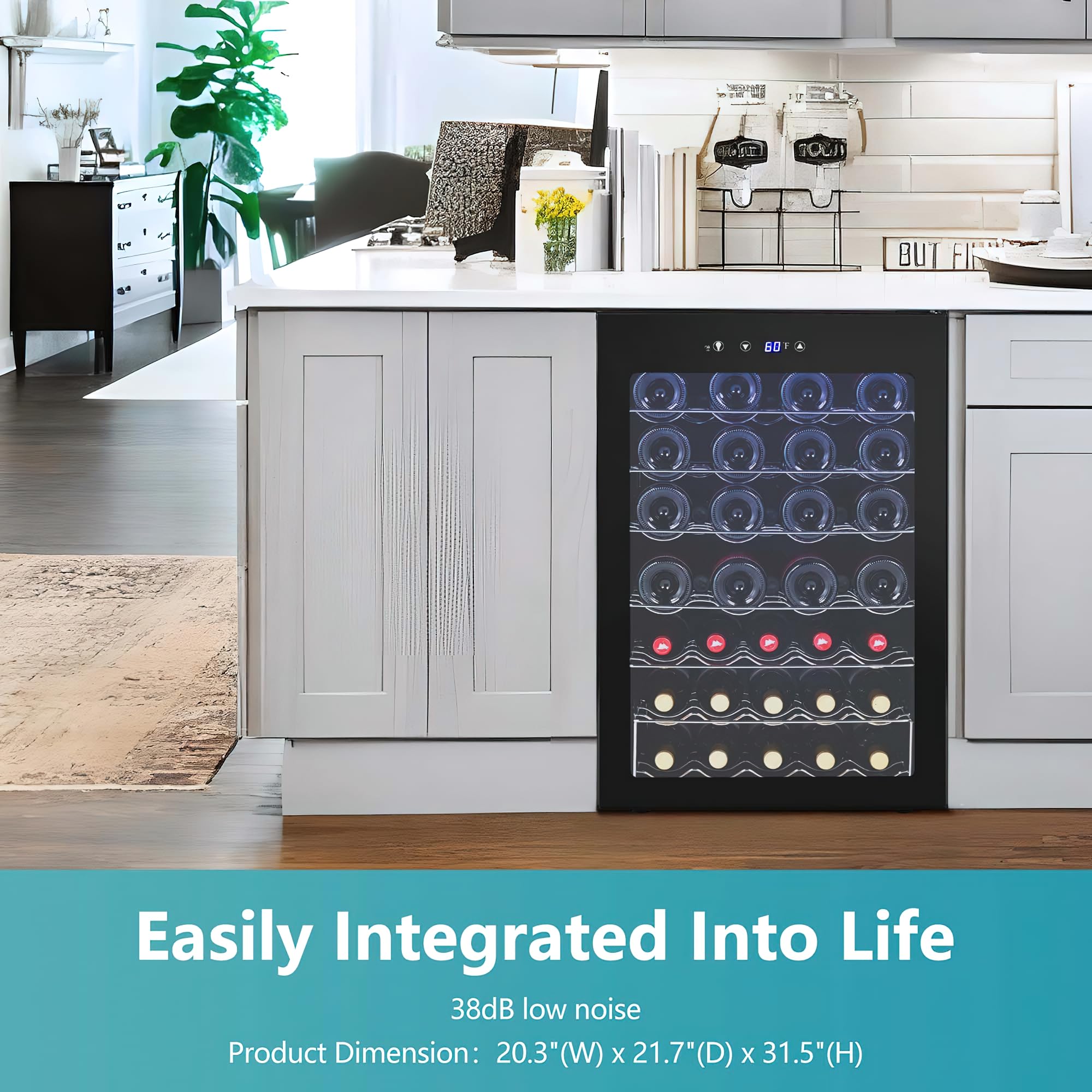 EUHOMY 45-bottle wine cooler refrigerator, black, integrated kitchen setting, 60F display, full of wine bottles.