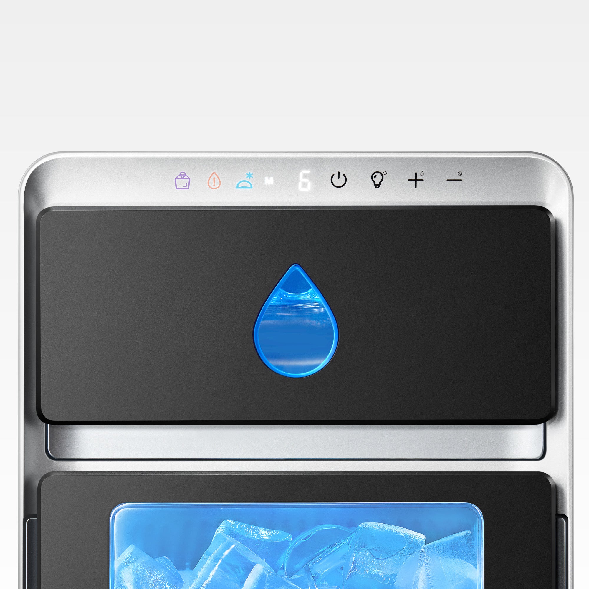 Luna Plus ice maker controls: digital display '6', illuminated water drop icon, power and thickness indicator lights.