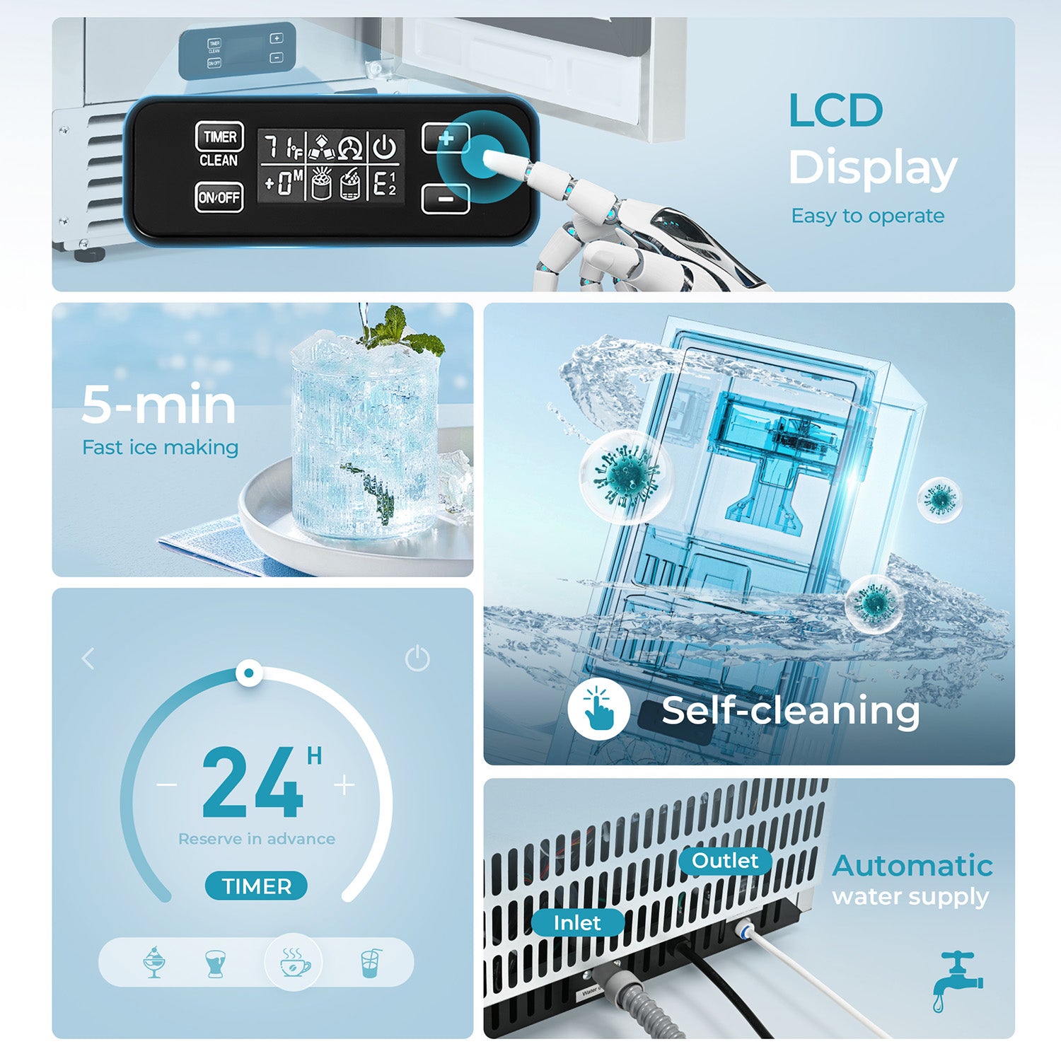 Euhomy commercial built-in nugget ice maker with LCD, self-cleaning, 24hr timer, auto water supply.